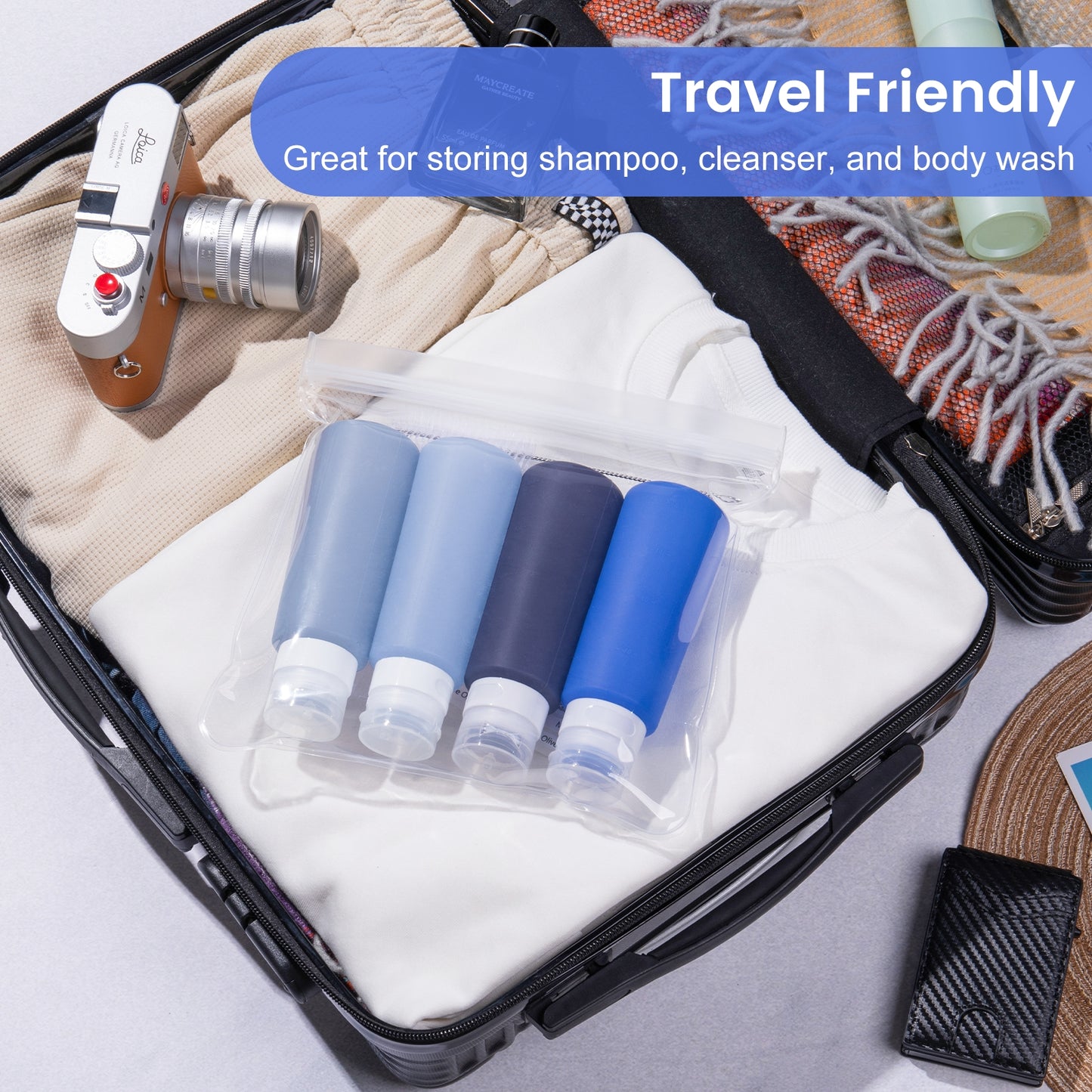 Mrsdry Condiment Squeeze Bottles for Sauces, 6-oz Small Silicone Salad Dressing Container to Go with Snack Storage Bag, Leakproof Sauce Bottles for Lunch Box, 4 Pack, Blue