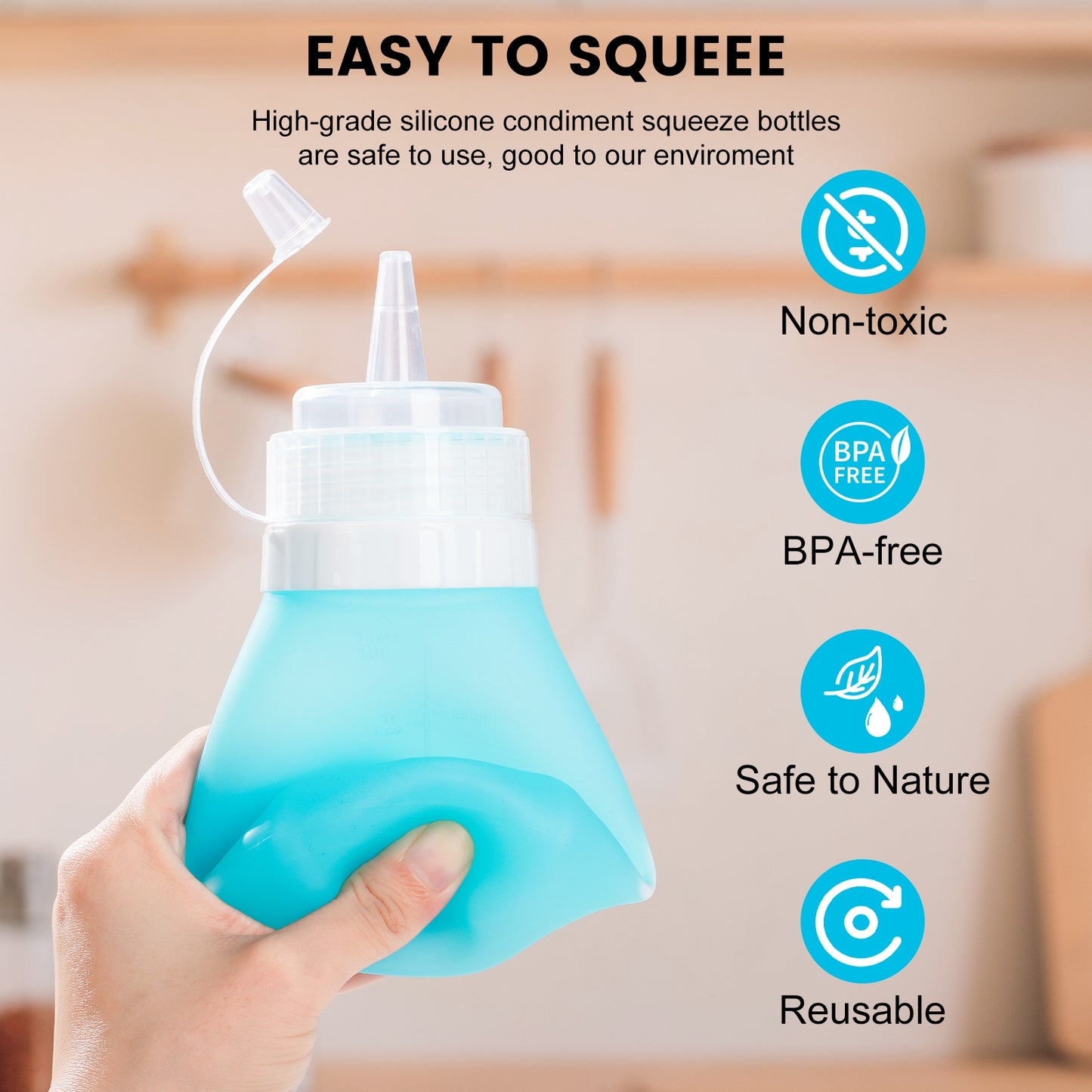 Mrsdry Condiment Squeeze Bottles, 12 oz Silicone Squeeze Bottles For Sauces, Leak Proof Condiment Container with Extra Interchangeable lid, Easy Squeeze for Oil, Honey & Dressings, BPA FREE (4 Pack)