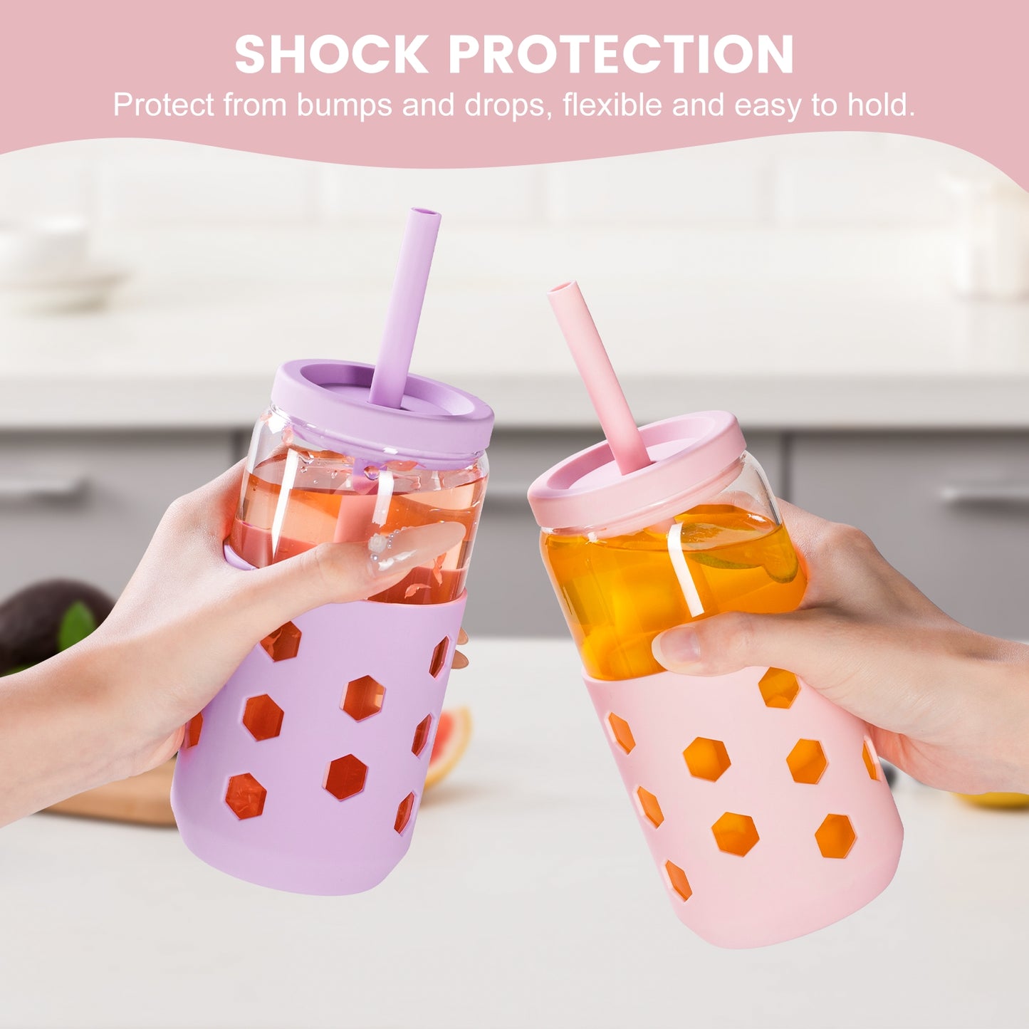 Mrsdry Glass Cups with Silicone Lids and Straws (4 Pcs), 16oz Drinking Glasses Set with Silicone Sleeves for Coffee Bar Accessories Iced Coffee Cups with Lids, Glass Tumbler Reusable for Gifts