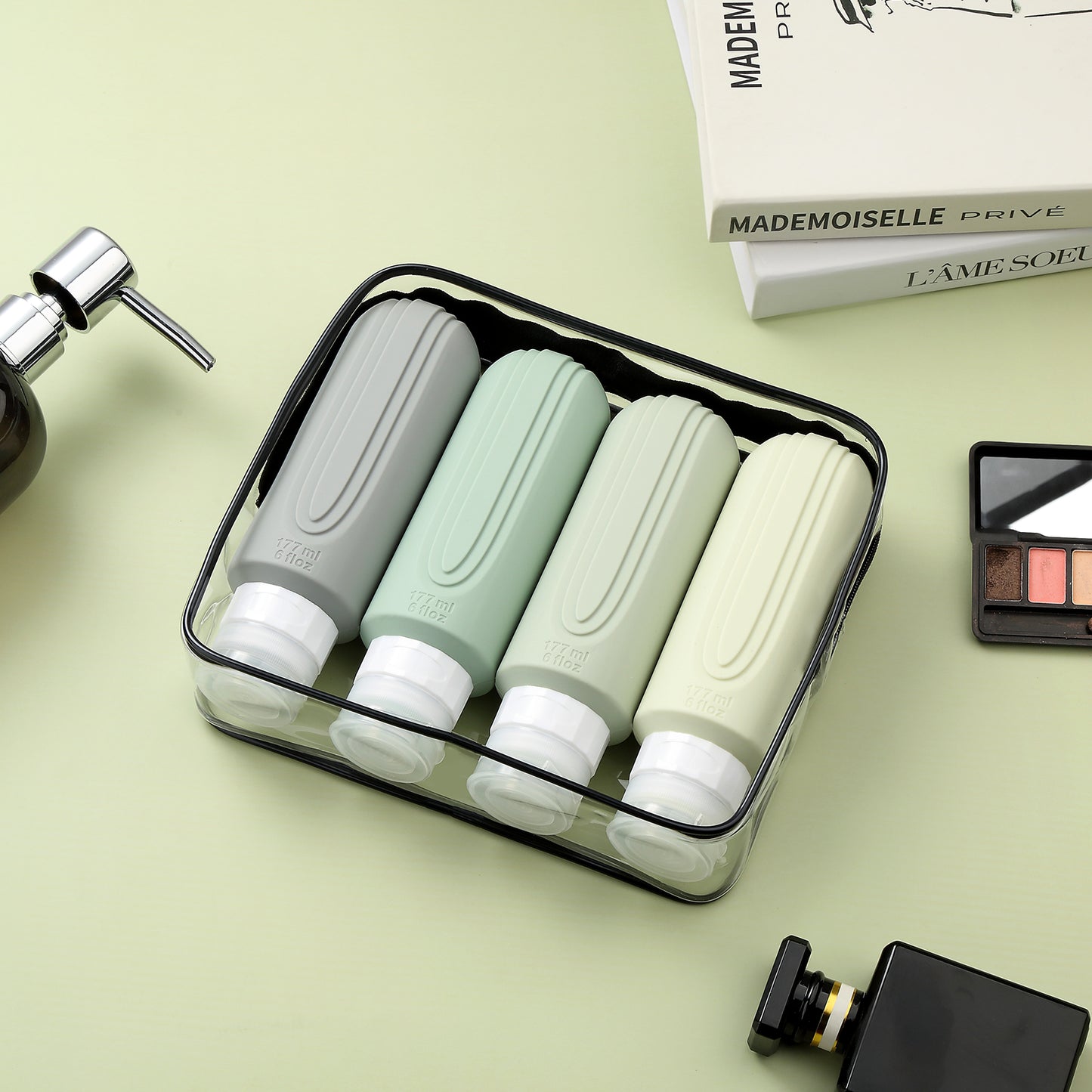 Mrsdry Travel Bottles for Toiletries, Large 6oz Oversize Containers, BPA Free Leak Proof Tubs Refillable Liquid Travel Accessories with Toiletry Bag for Cometic Shampoo and Lotion Soap (4 Pack)