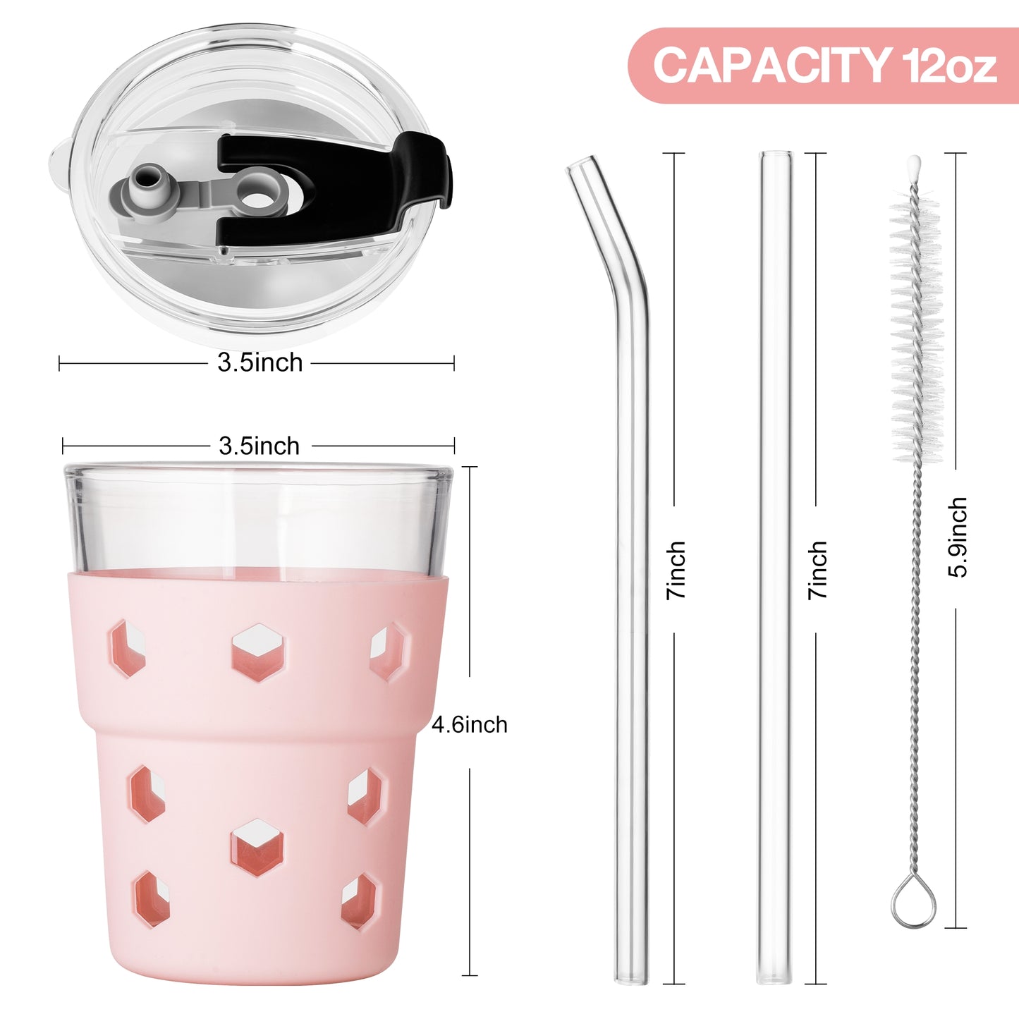Mrsdry 12oz Iced Coffee Cup with Lids and Silicone Sleeves, Reusable Glass Tumbler with Straw, Leakproof Travel Glass Cups Fits Car Cup Holder for Cold and Hot Drinks