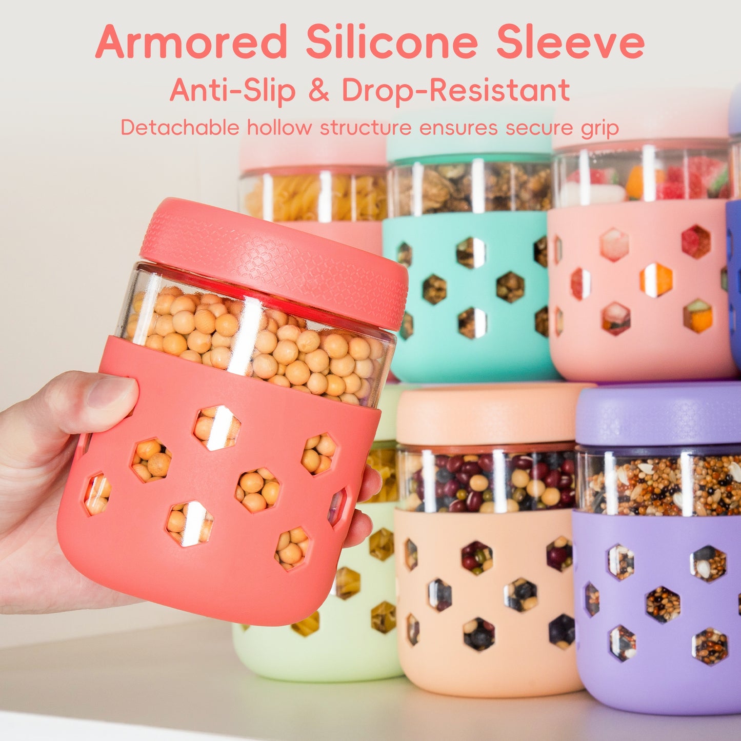 Mrsdry 6-Pack 16 oz Glass Mason Jars with Silicone Sleeves, Airtight BPA-Free Overnight Oats Containers with Lids, Dishwasher Safe Leak-Proof Meal Prep Jars for Chia Pudding, Yogurt, Snacks
