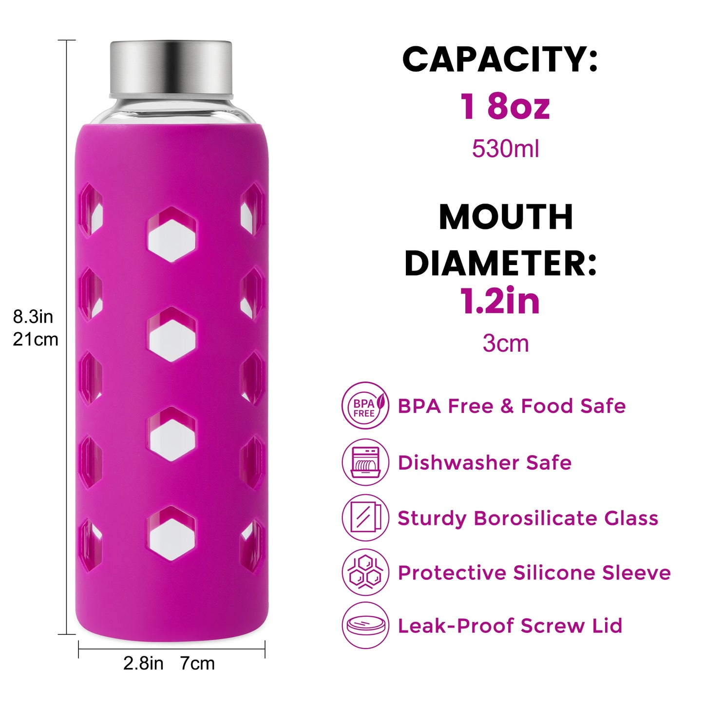 Glass Juice Bottles with Lids and Silicone Sleeves 18 oz, 4-Pack Reusable Clear Glass Water Bottles with Stainless Steel Airtight Cap for Juicing, Refrigerator, BPA Free Leak-Proof Drinking Jar