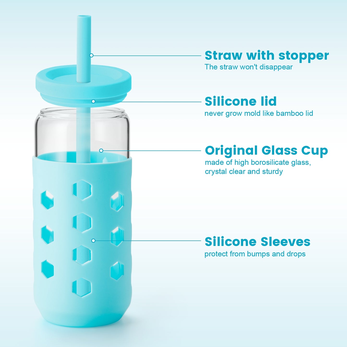 Mrsdry Glass Cups with Silicone Lids and Straws (4 Pcs), 20oz Drinking Glasses Set with Silicone Sleeves for Coffee Bar Accessories Iced Coffee Cups with Lids, Glass Tumbler Reusable for Gifts