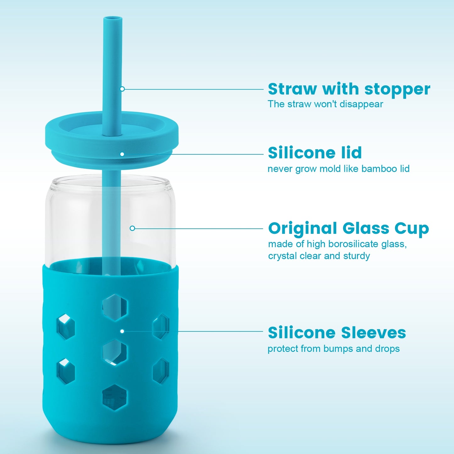 Mrsdry Glass Cups with Silicone Lids and Straws (4 Pcs), 16oz Drinking Glasses Set with Silicone Sleeves for Coffee Bar Accessories Iced Coffee Cups with Lids, Glass Tumbler Reusable for Gifts