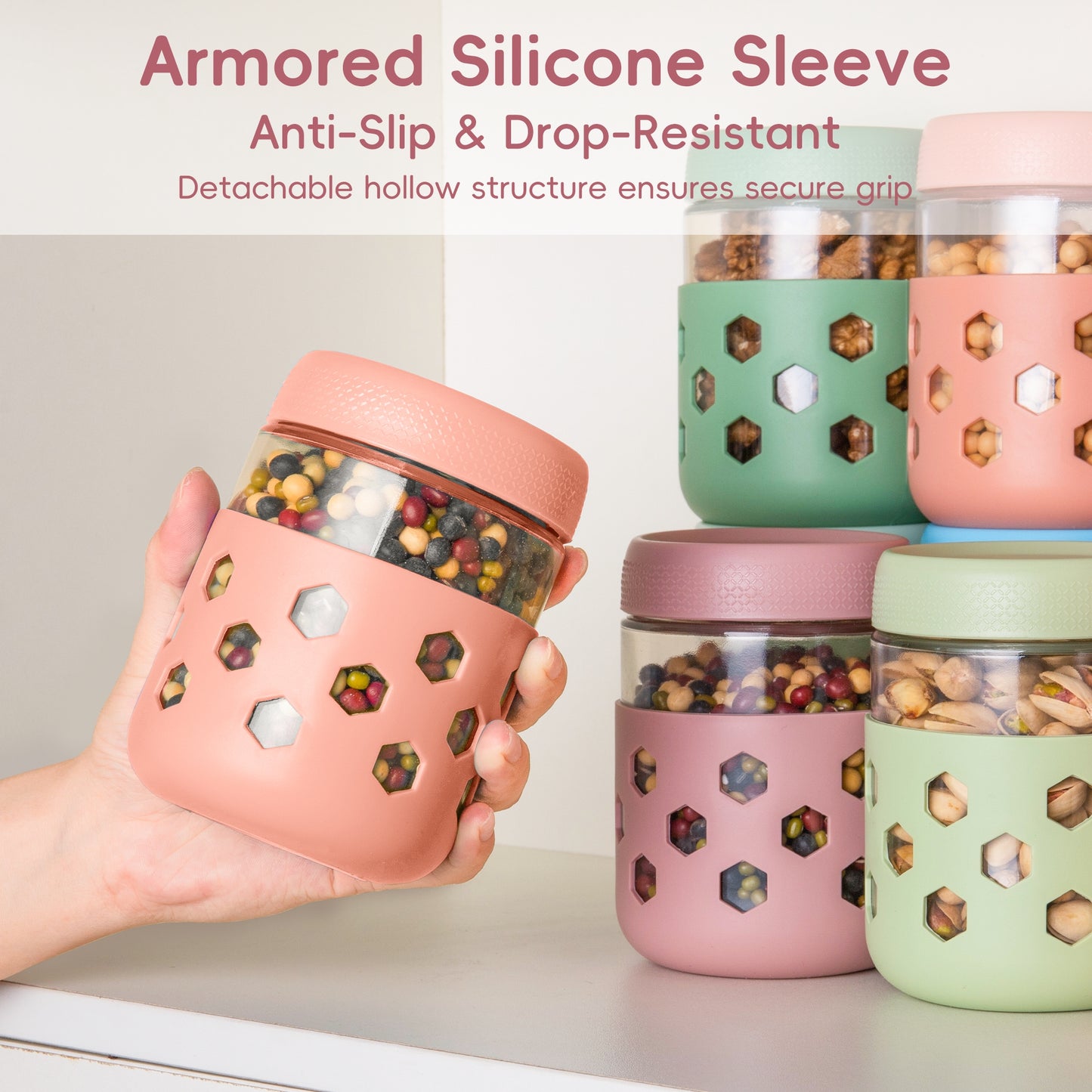 Mrsdry 4-Pack 16oz Glass Mason Jars with Silicone Sleeves, Airtight BPA-Free Overnight Oats Containers with Lids, Dishwasher Safe Leak-Proof Meal Prep Jars for Chia Pudding, Yogurt, Snacks