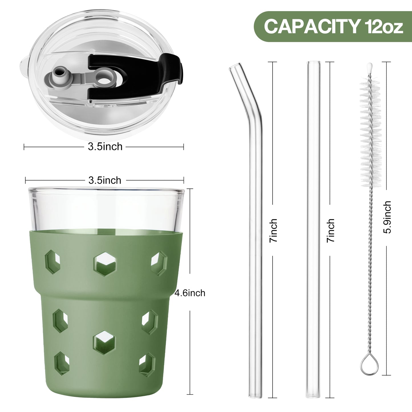 Mrsdry 12oz Iced Coffee Cup with Lids and Silicone Sleeves, Reusable Glass Tumbler with Straw, Leakproof Travel Glass Cups Fits Car Cup Holder for Cold and Hot Drinks