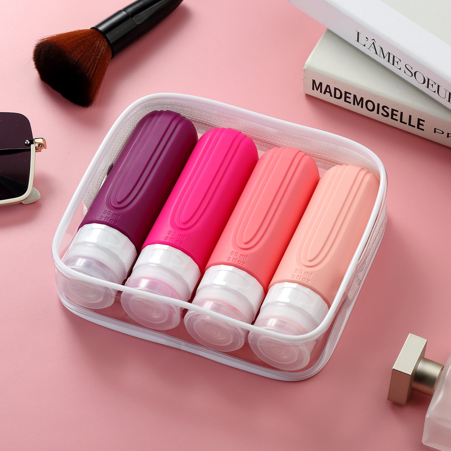 Mrsdry Travel Bottles for Toiletries, Tsa Approved 3oz Travel Size Containers BPA Free Leak Proof Refillable Liquid Silicone Squeezable Travel Accessories for Shampoo Conditioner Lotion (4 Pack)