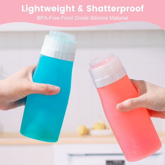 16 oz Silicone Juice Bottles with Caps, 2-Pack Reusable Juice Containers With Airtight Lids for Fridge, Shatterproof, Leak-Proof, Lightweight Slim Water Bottle for Juicing - Dishwasher Safe
