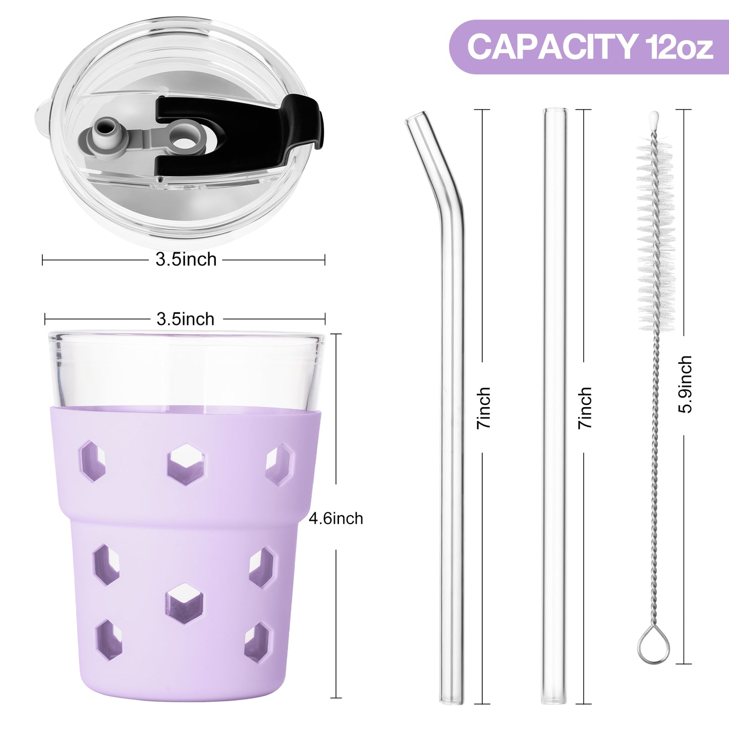 Mrsdry 12oz Iced Coffee Cup with Lids and Silicone Sleeves, Reusable Glass Tumbler with Straw, Leakproof Travel Glass Cups Fits Car Cup Holder for Cold and Hot Drinks