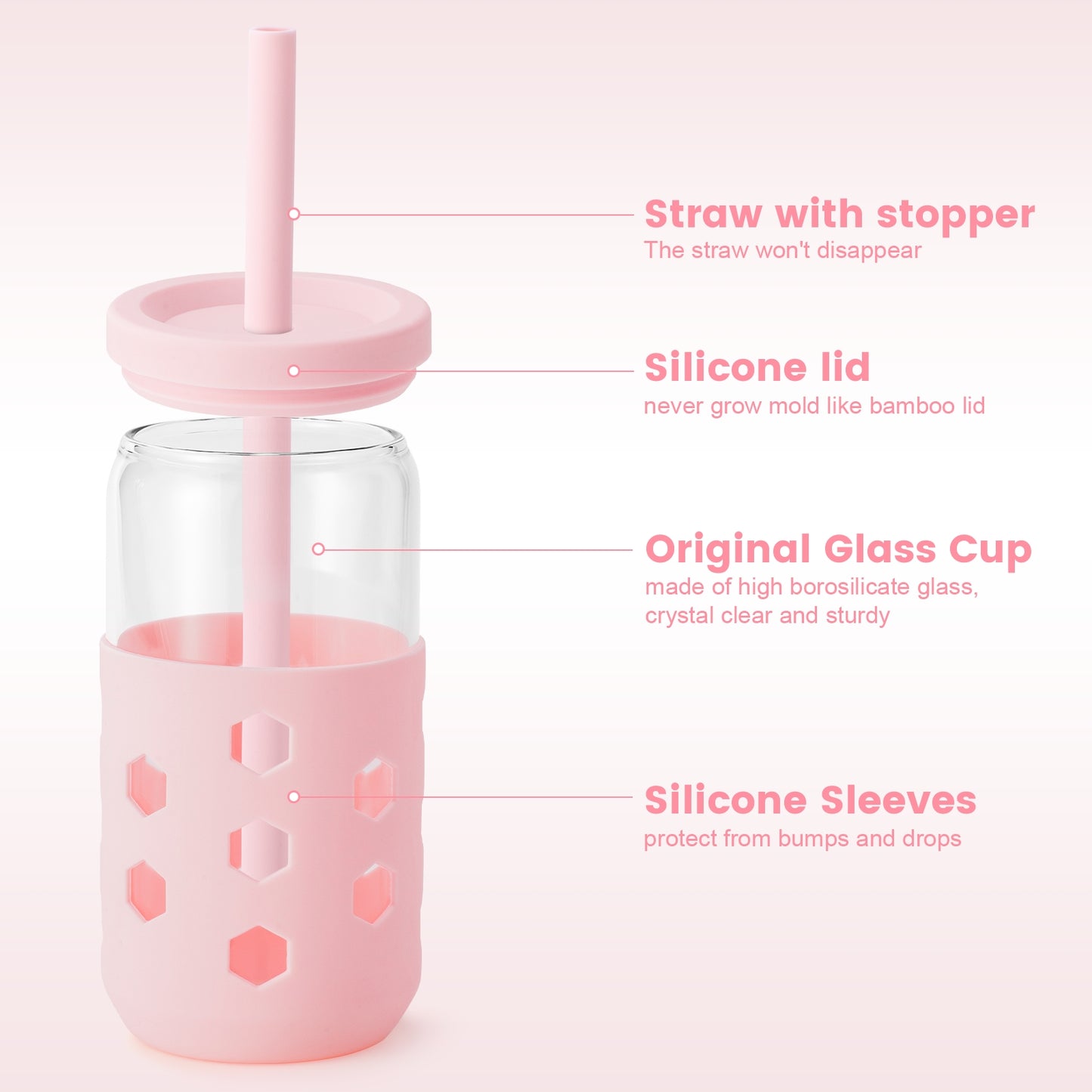 Mrsdry Glass Cups with Silicone Lids and Straws (4 Pcs), 16oz Drinking Glasses Set with Silicone Sleeves for Coffee Bar Accessories Iced Coffee Cups with Lids, Glass Tumbler Reusable for Gifts