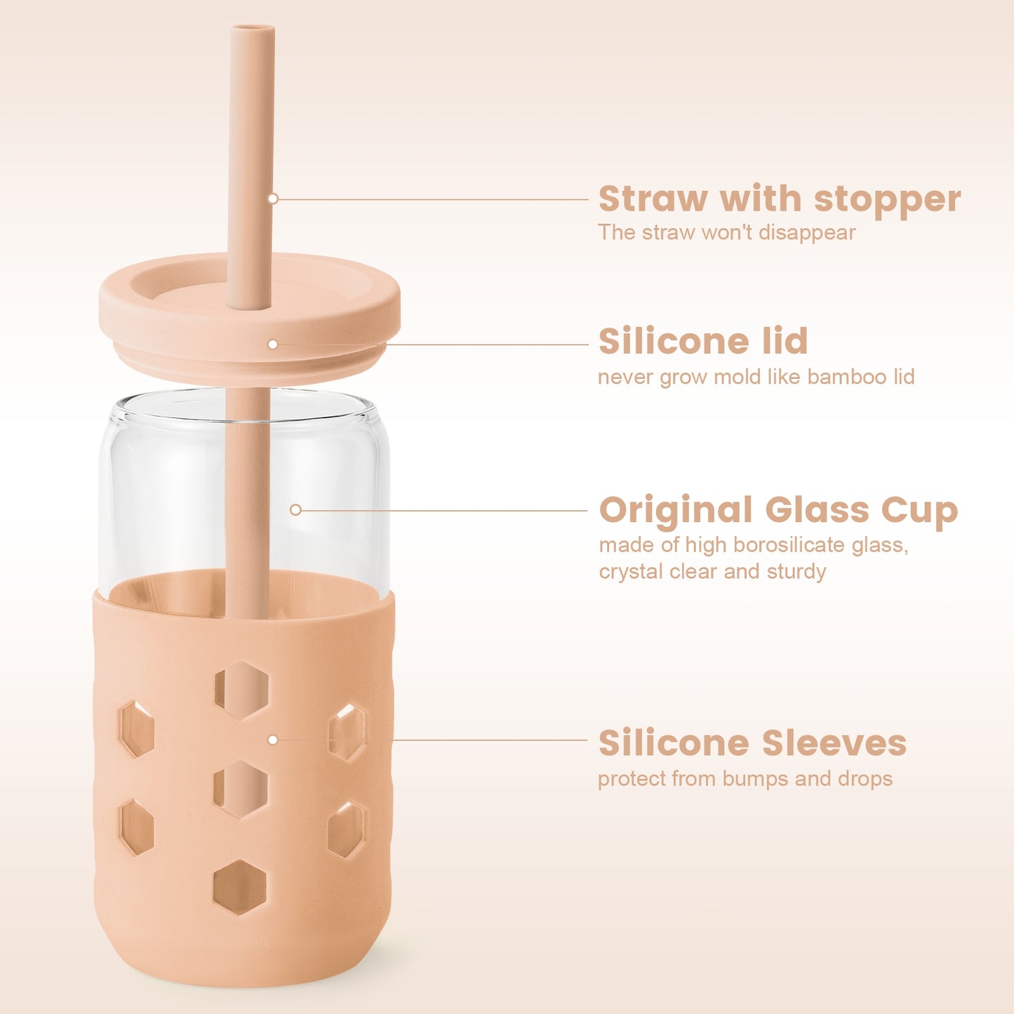 Mrsdry Glass Cups with Silicone Lids and Straws (4 Pcs), 16oz Drinking Glasses Set with Silicone Sleeves for Coffee Bar Accessories Iced Coffee Cups with Lids, Glass Tumbler Reusable for Gifts