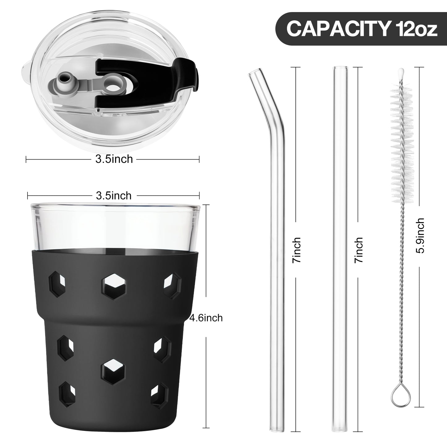 Mrsdry 12oz Iced Coffee Cup with Lids and Silicone Sleeves, Reusable Glass Tumbler with Straw, Leakproof Travel Glass Cups Fits Car Cup Holder for Cold and Hot Drinks