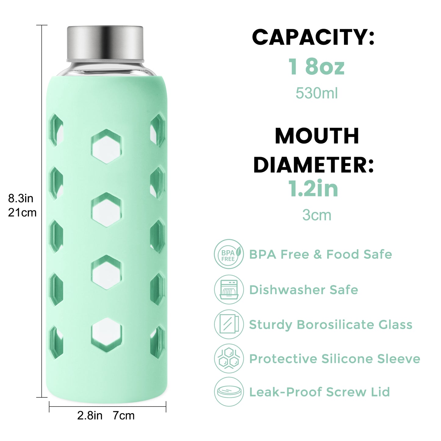Glass Juice Bottles with Lids and Silicone Sleeves 18 oz, 4-Pack Reusable Clear Glass Water Bottles with Stainless Steel Airtight Cap for Juicing, Refrigerator, BPA Free Leak-Proof Drinking Jar