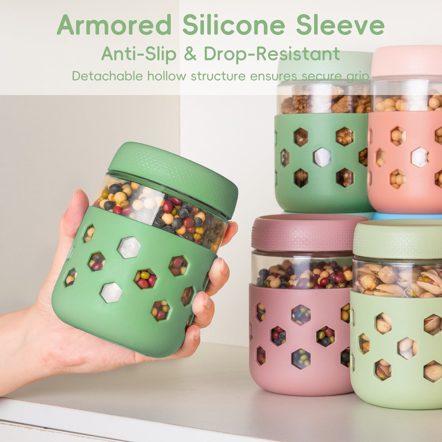 Mrsdry 4-Pack 16oz Glass Mason Jars with Silicone Sleeves, Airtight BPA-Free Overnight Oats Containers with Lids, Dishwasher Safe Leak-Proof Meal Prep Jars for Chia Pudding, Yogurt, Snacks