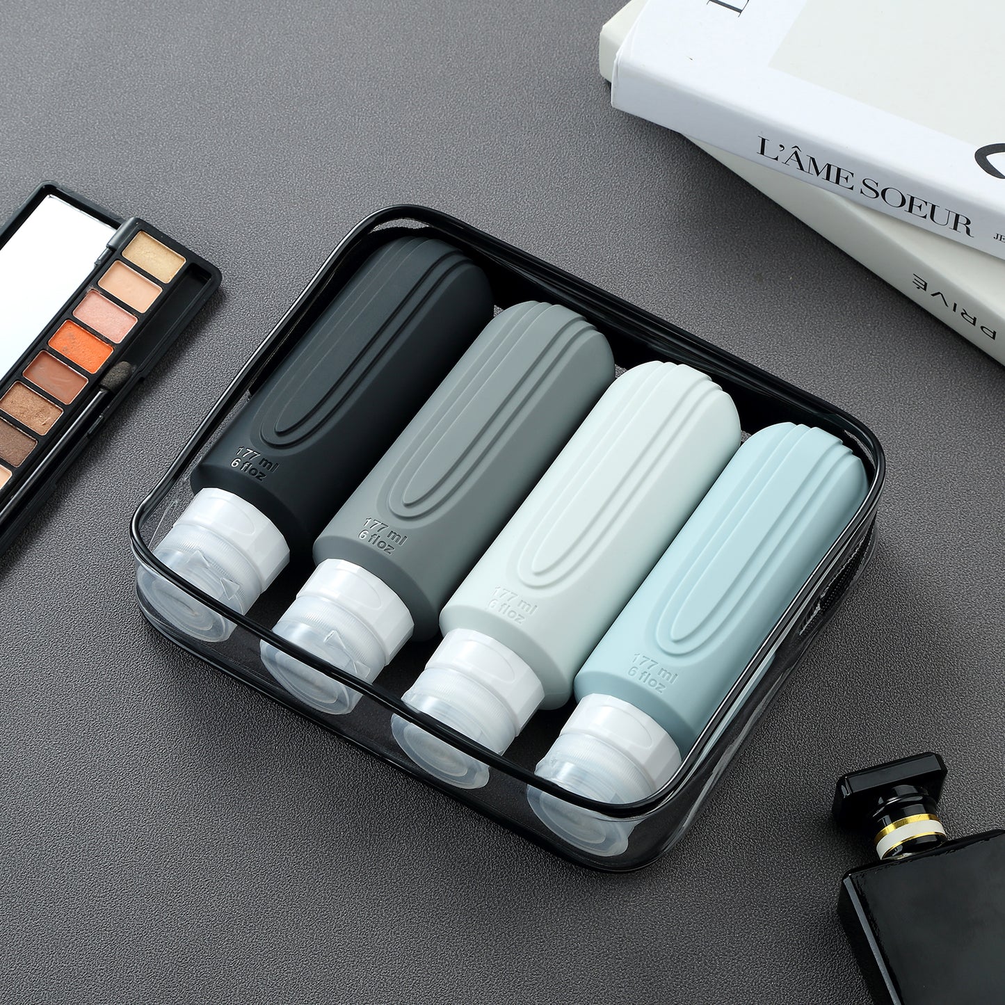 Mrsdry Travel Bottles for Toiletries, Large 6oz Oversize Containers, BPA Free Leak Proof Tubs Refillable Liquid Travel Accessories with Toiletry Bag for Cometic Shampoo and Lotion Soap (4 Pack)