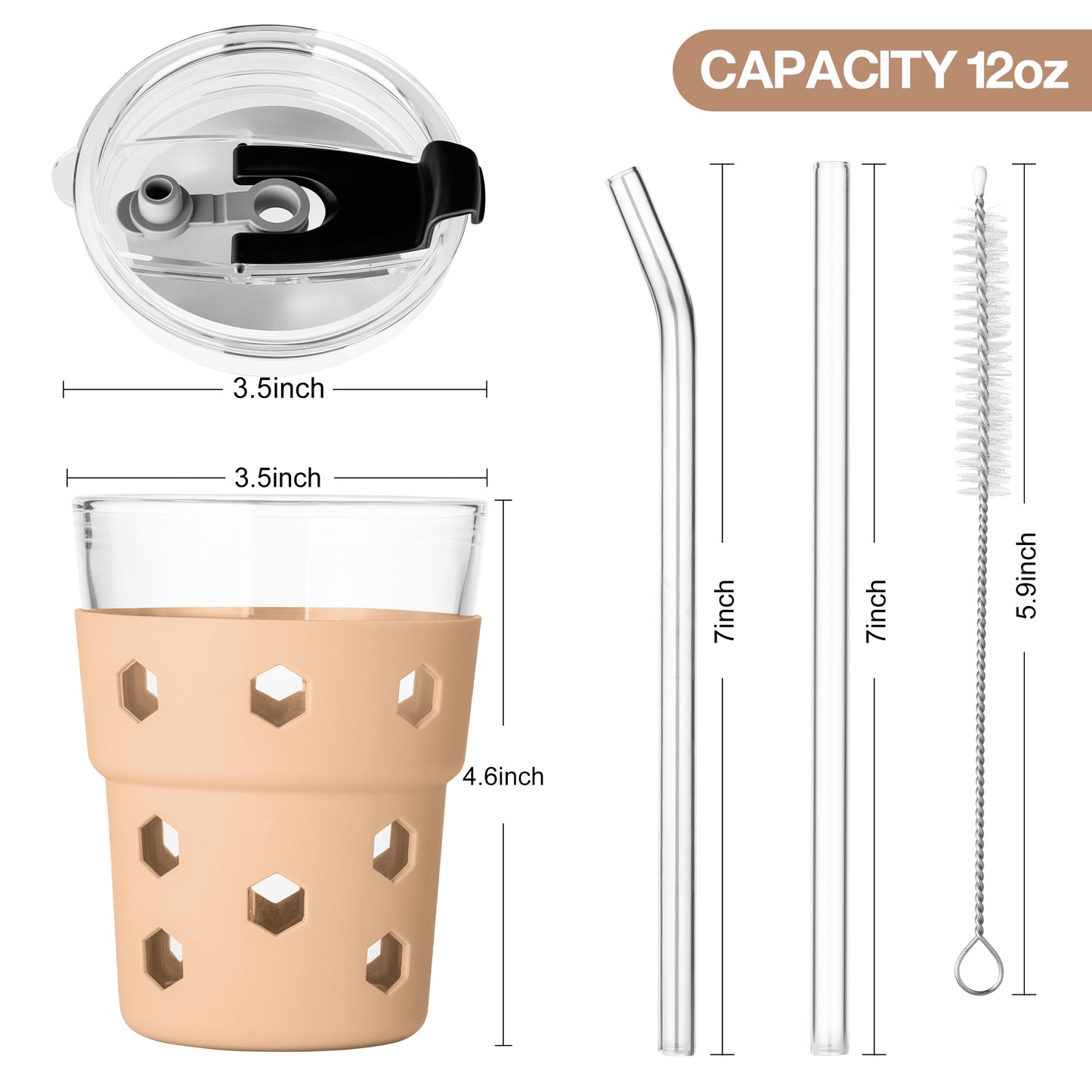 Mrsdry 12oz Iced Coffee Cup with Lids and Silicone Sleeves, Reusable Glass Tumbler with Straw, Leakproof Travel Glass Cups Fits Car Cup Holder for Cold and Hot Drinks