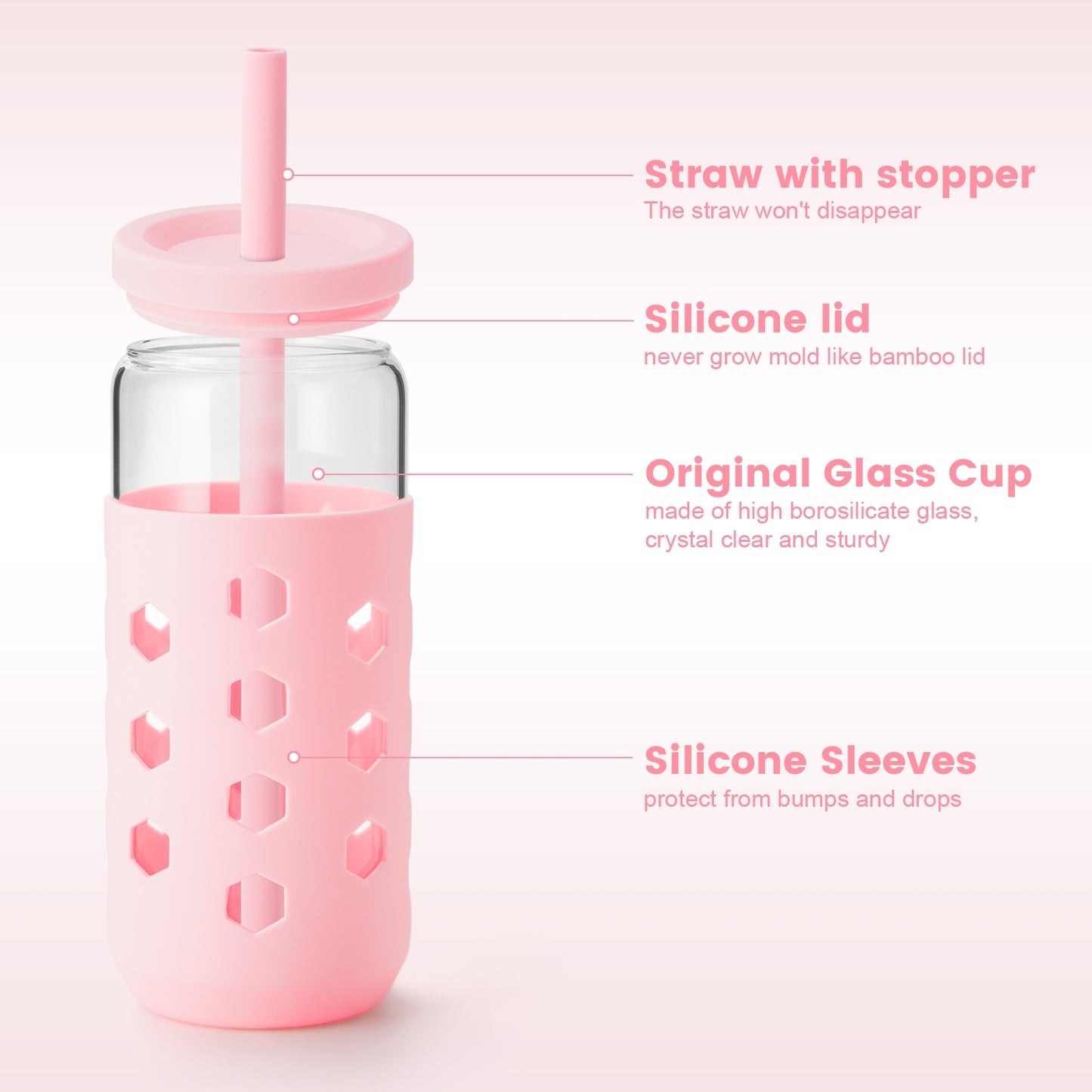 Mrsdry Glass Cups with Silicone Lids and Straws (4 Pcs), 20oz Drinking Glasses Set with Silicone Sleeves for Coffee Bar Accessories Iced Coffee Cups with Lids, Glass Tumbler Reusable for Gifts