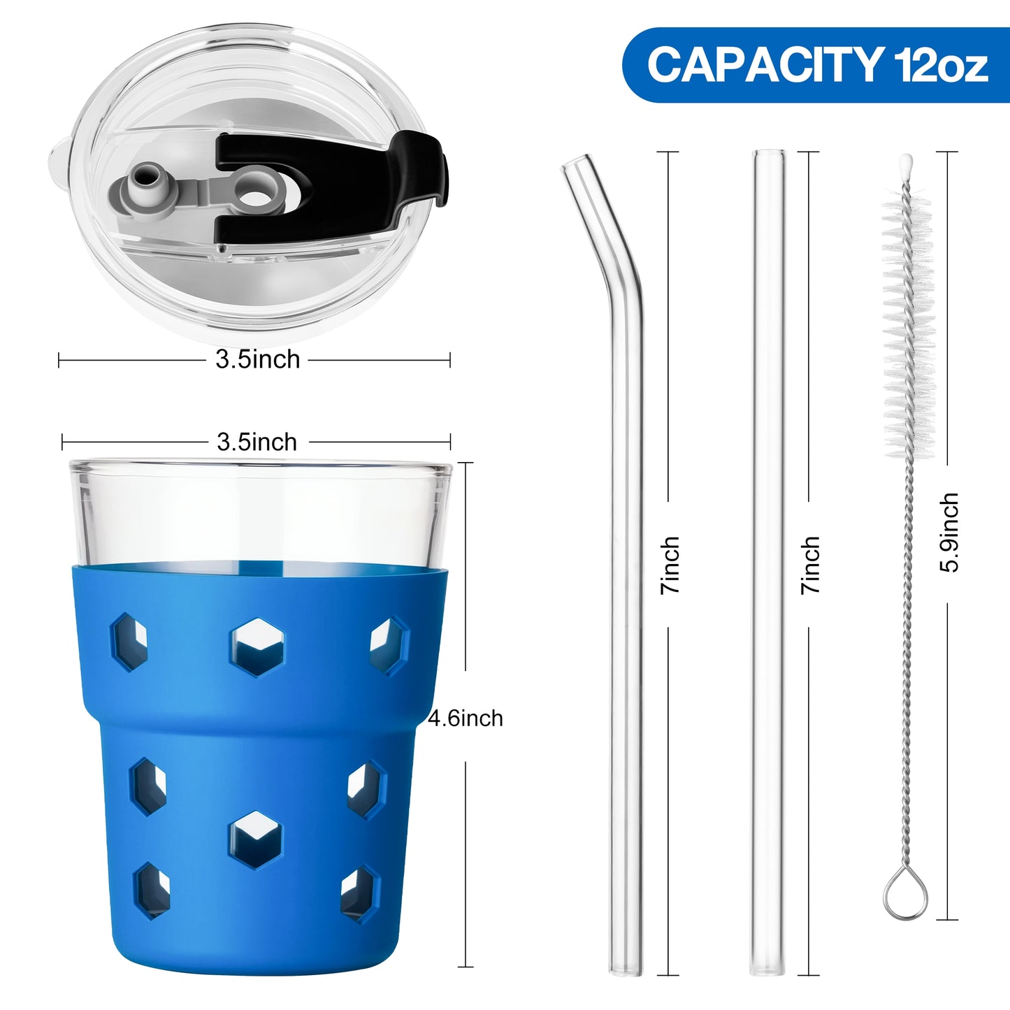Mrsdry 12oz Iced Coffee Cup with Lids and Silicone Sleeves, Reusable Glass Tumbler with Straw, Leakproof Travel Glass Cups Fits Car Cup Holder for Cold and Hot Drinks