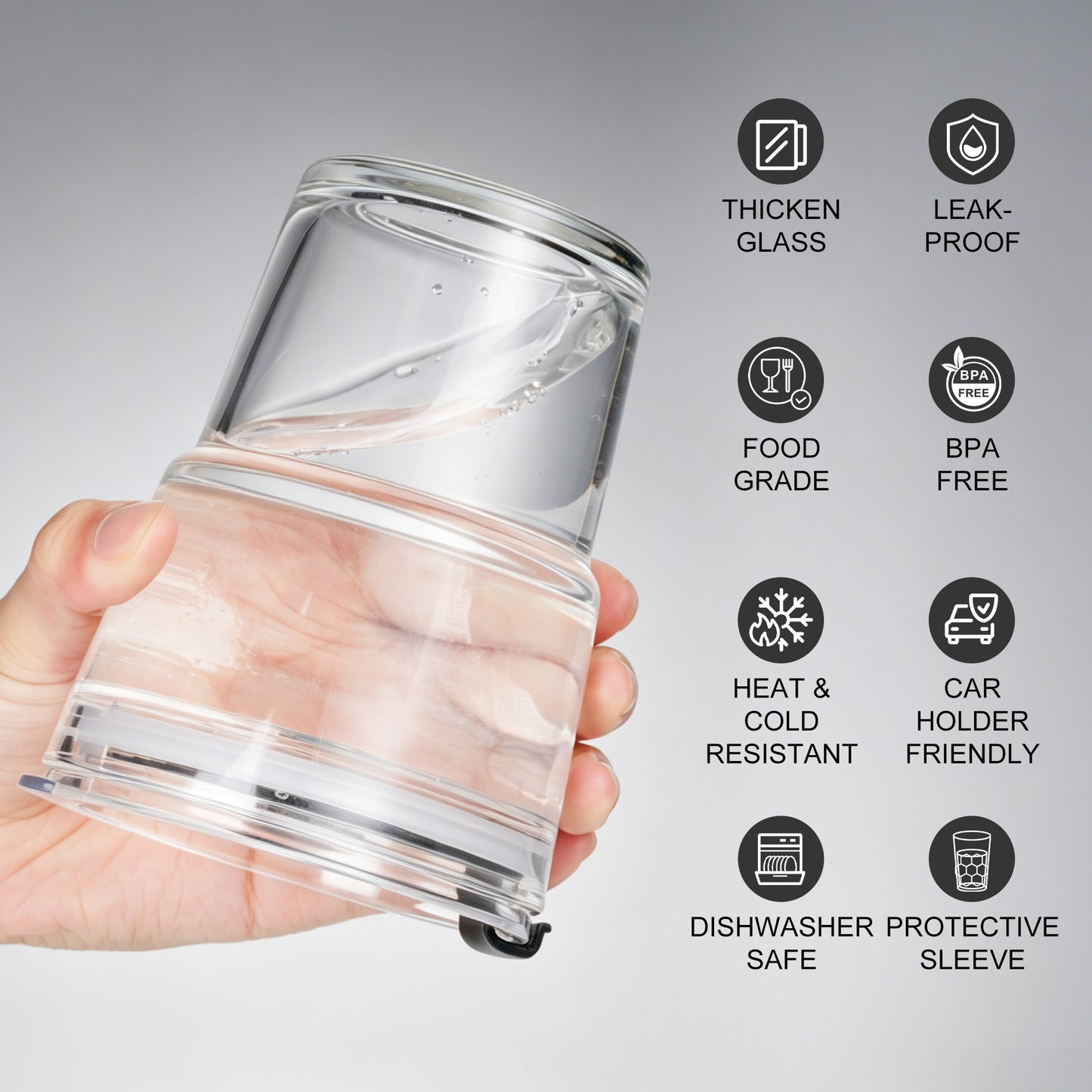 Mrsdry 12oz Iced Coffee Cup with Lids and Silicone Sleeves, Reusable Glass Tumbler with Straw, Leakproof Travel Glass Cups Fits Car Cup Holder for Cold and Hot Drinks