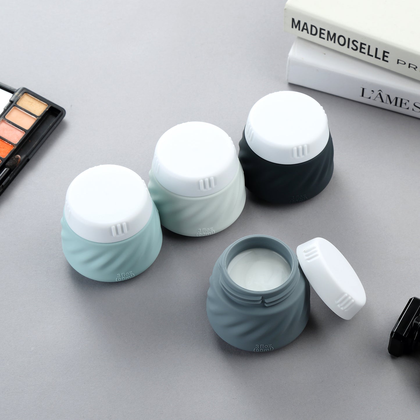 Mrsdry Travel Containers for Toiletries, Silicone Cream Jars TSA Approved Travel Size Containers with Clear Bag, Leak-proof Travel Accessories with Lid for Cosmetic Face Body Hand Cream (4 Pack)