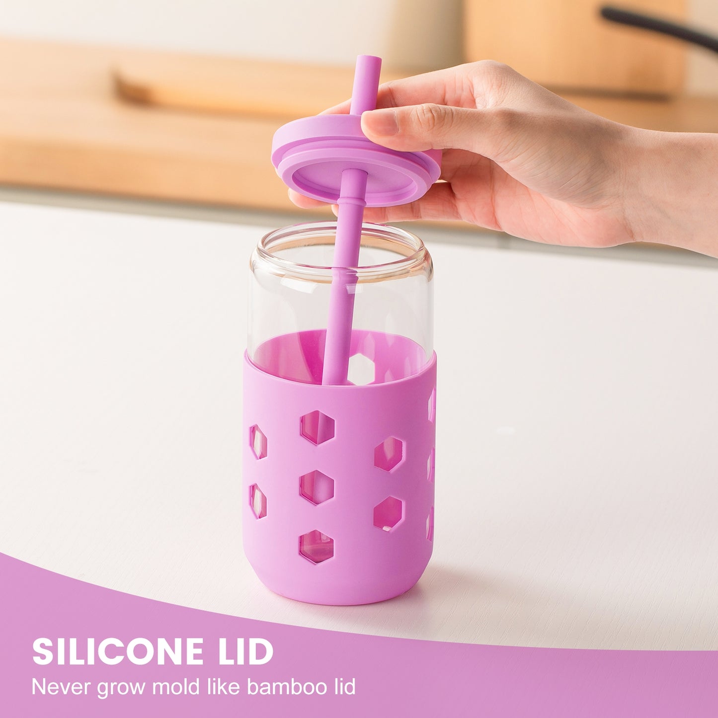 Mrsdry Glass Cups with Silicone Lids and Straws (4 Pcs), 16oz Drinking Glasses Set with Silicone Sleeves for Coffee Bar Accessories Iced Coffee Cups with Lids, Glass Tumbler Reusable for Gifts