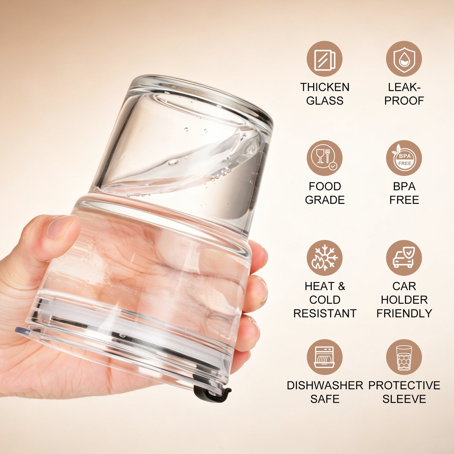 Mrsdry 12oz Iced Coffee Cup with Lids and Silicone Sleeves, Reusable Glass Tumbler with Straw, Leakproof Travel Glass Cups Fits Car Cup Holder for Cold and Hot Drinks
