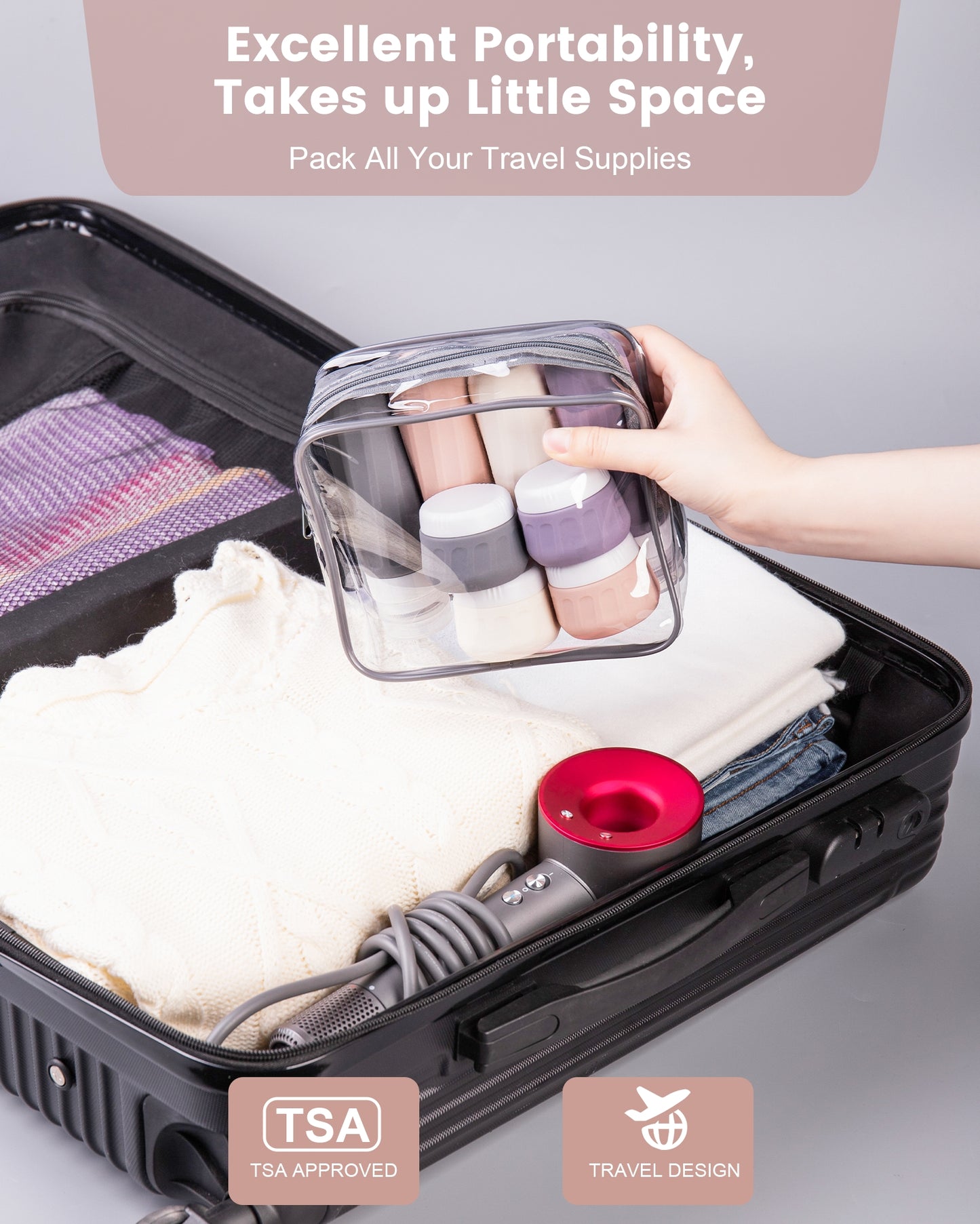 Mrsdry Travel Bottles for Toiletries 8 Pack, Travel Size Toiletries, Tsa Approved Travel Size Containers 3oz, with Travel Essentials Clear Bag, Leak Proof Silicone Squeezable Creams Jars