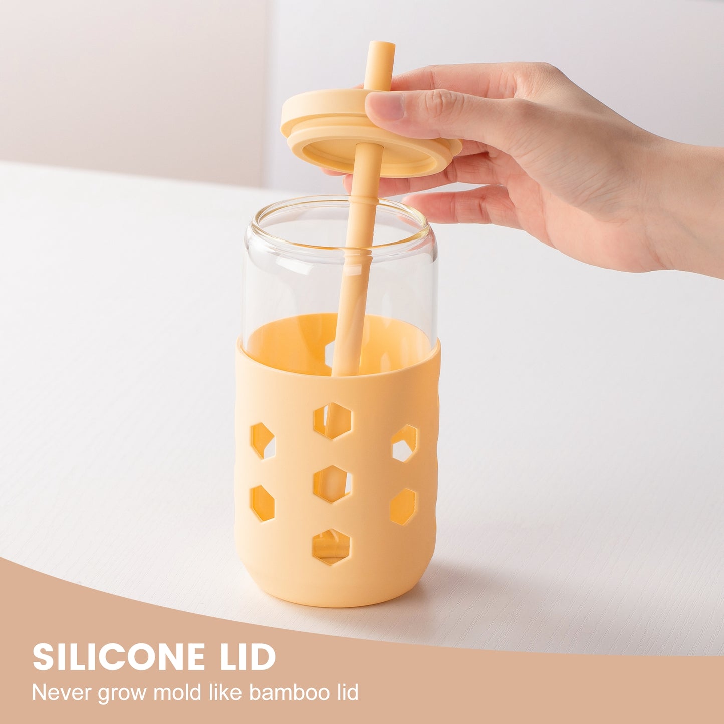 Mrsdry Glass Cups with Silicone Lids and Straws (4 Pcs), 16oz Drinking Glasses Set with Silicone Sleeves for Coffee Bar Accessories Iced Coffee Cups with Lids, Glass Tumbler Reusable for Gifts