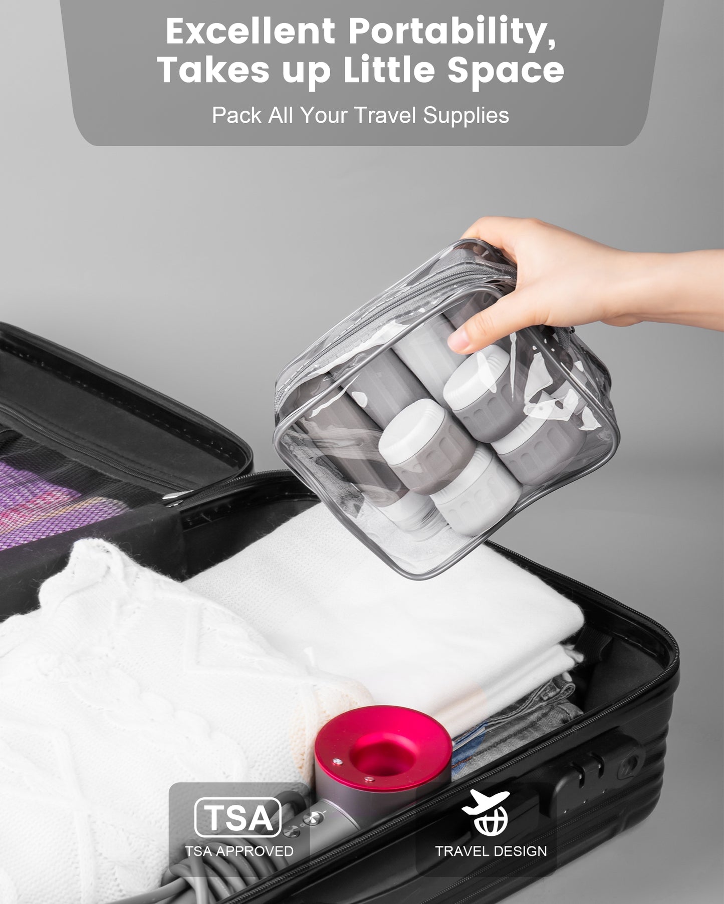 Mrsdry Travel Bottles for Toiletries 8 Pack, Travel Size Toiletries, Tsa Approved Travel Size Containers 3oz, with Travel Essentials Clear Bag, Leak Proof Silicone Squeezable Creams Jars