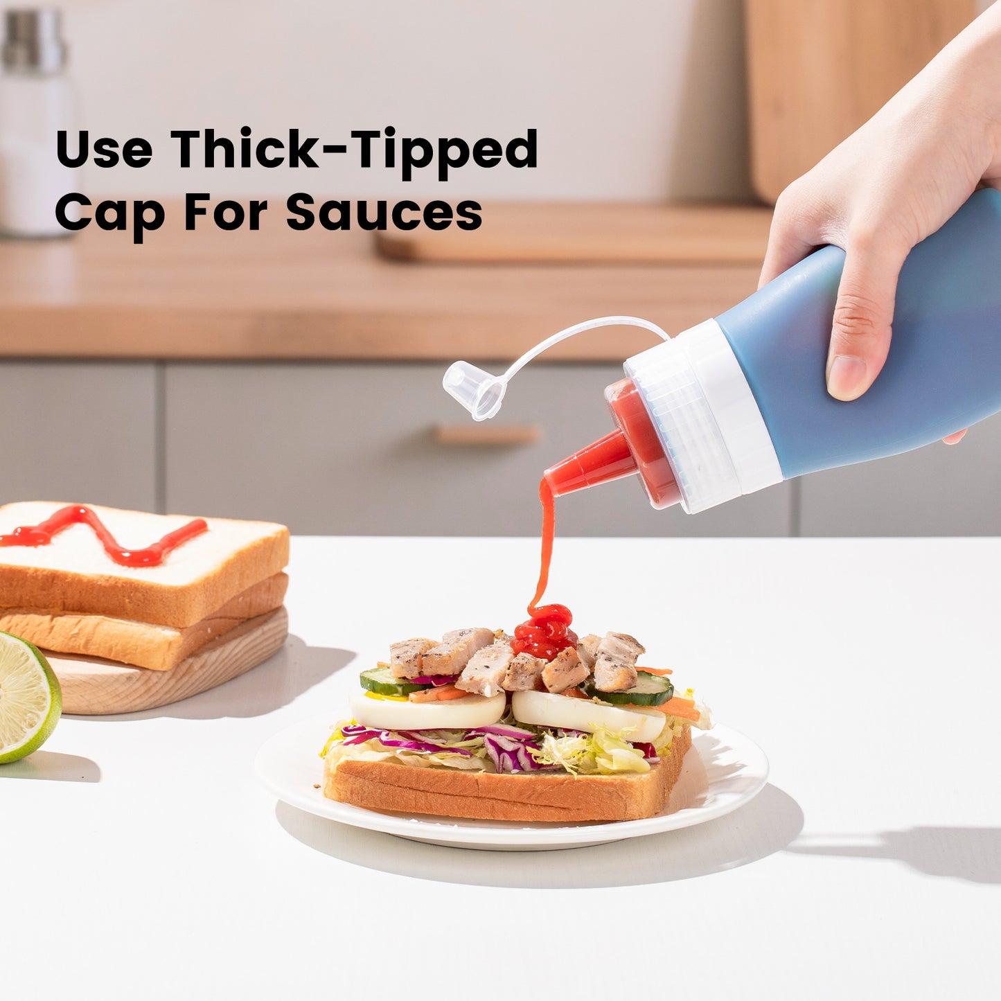 Mrsdry Condiment Squeeze Bottles, 12 oz Silicone Squeeze Bottles For Sauces, Leak Proof Condiment Container with Extra Interchangeable lid, Easy Squeeze for Oil, Honey & Dressings, BPA FREE (4 Pack)