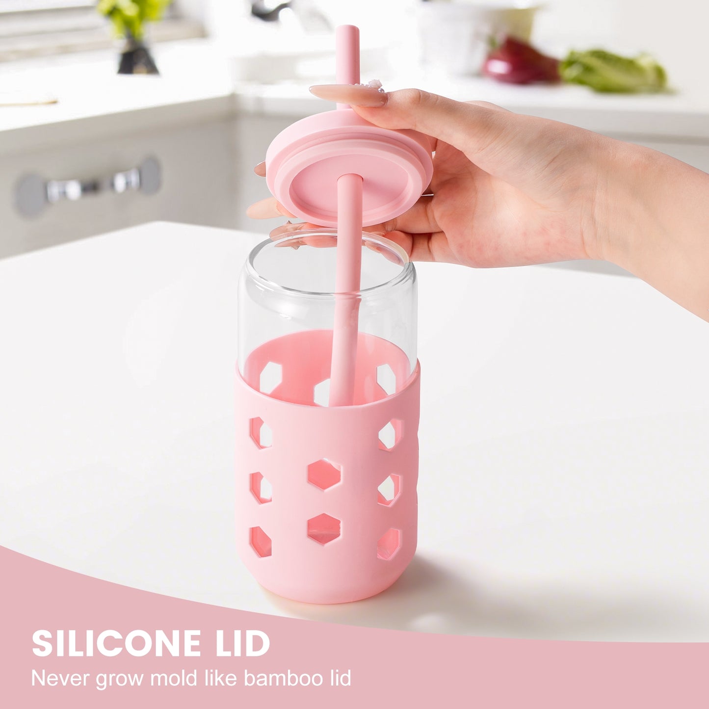 Mrsdry Glass Cups with Silicone Lids and Straws (4 Pcs), 16oz Drinking Glasses Set with Silicone Sleeves for Coffee Bar Accessories Iced Coffee Cups with Lids, Glass Tumbler Reusable for Gifts