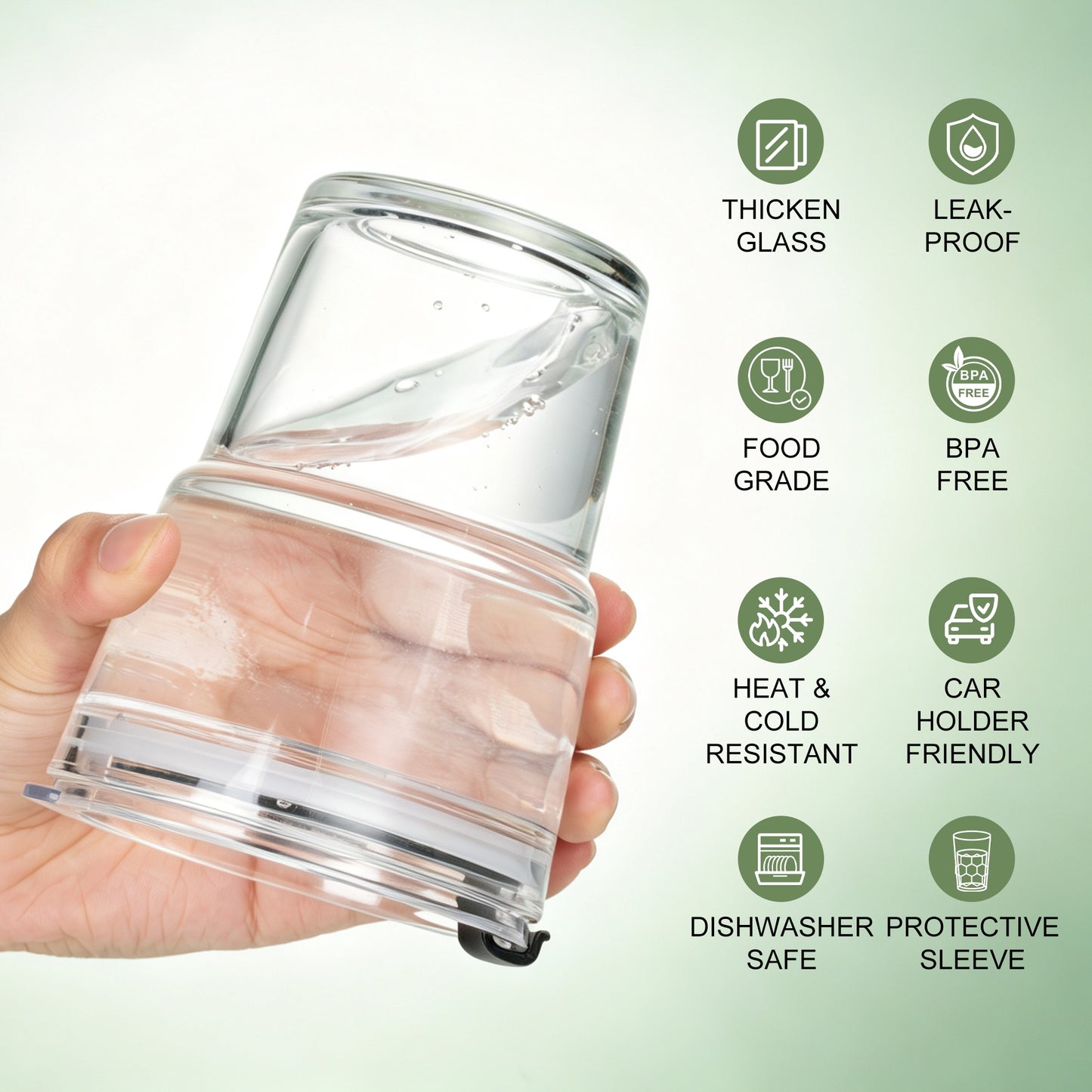 Mrsdry 12oz Iced Coffee Cup with Lids and Silicone Sleeves, Reusable Glass Tumbler with Straw, Leakproof Travel Glass Cups Fits Car Cup Holder for Cold and Hot Drinks