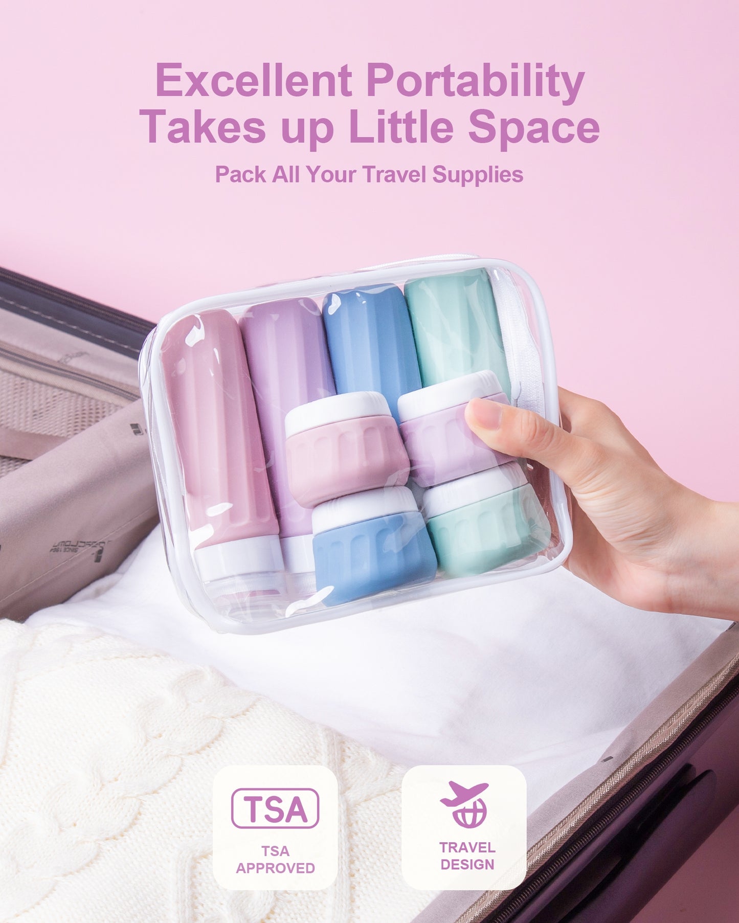 Mrsdry Travel Bottles for Toiletries 8 Pack, Travel Size Toiletries, Tsa Approved Travel Size Containers 3oz, with Travel Essentials Clear Bag, Leak Proof Silicone Squeezable Creams Jars
