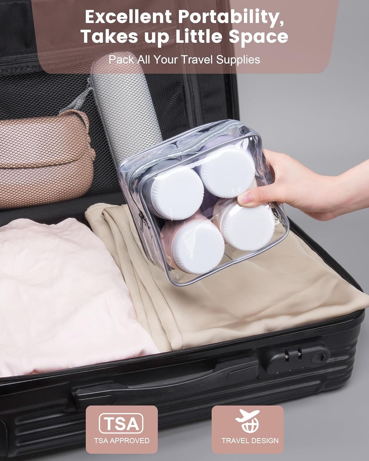 Mrsdry Travel Bottles for Toiletries 8 Pack, Travel Size Toiletries, Tsa Approved Travel Size Containers 3oz, with Travel Essentials Clear Bag, Leak Proof Silicone Squeezable Creams Jars