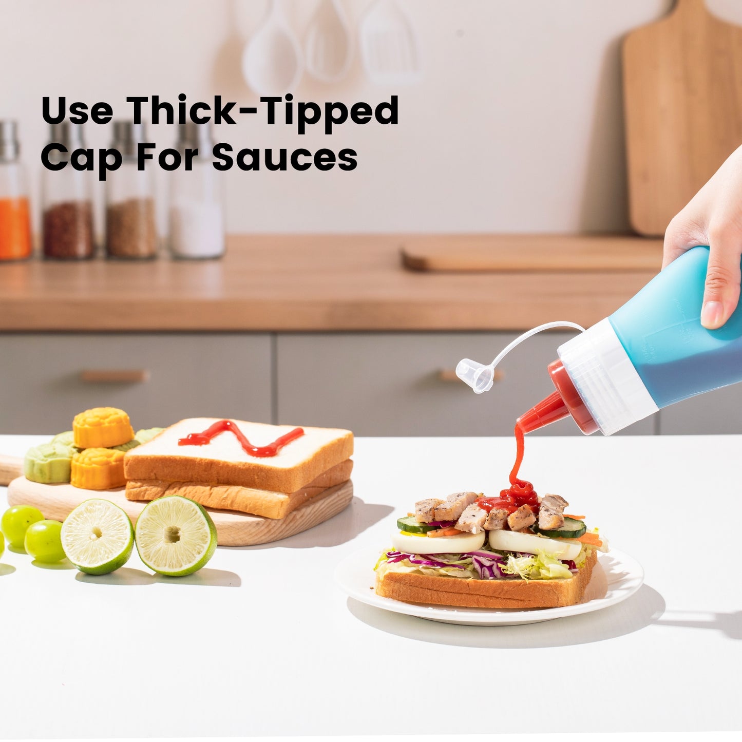 Mrsdry Condiment Squeeze Bottles, 16 oz Silicone Squeeze Bottles For Sauces, Leak Proof Condiment Containers with Extra Interchangeable lid, Easy Squeeze for Oil, Honey & Dressings, BPA FREE (4 Pack)