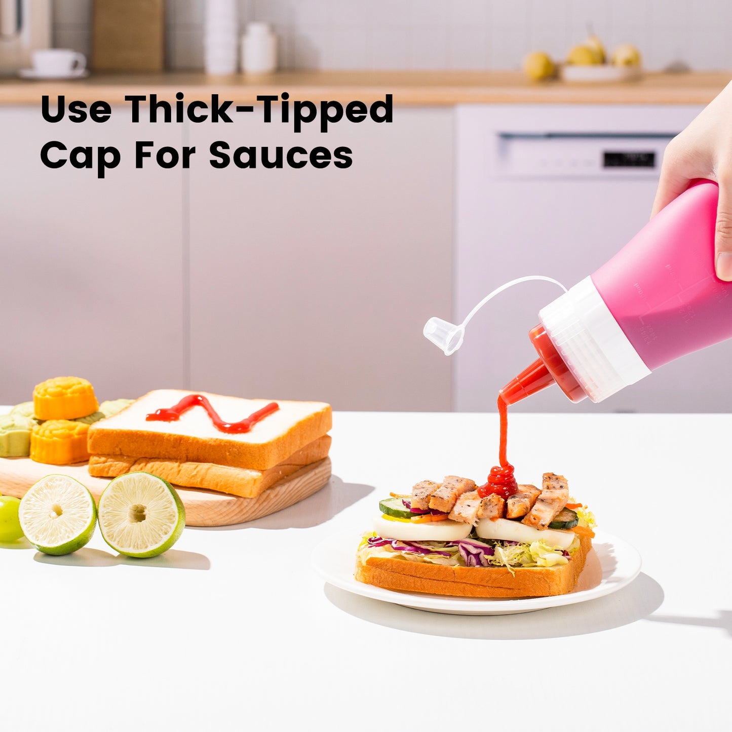 Mrsdry Condiment Squeeze Bottles, 16 oz Silicone Squeeze Bottles For Sauces, Leak Proof Condiment Containers with Extra Interchangeable lid, Easy Squeeze for Oil, Honey & Dressings, BPA FREE (4 Pack)