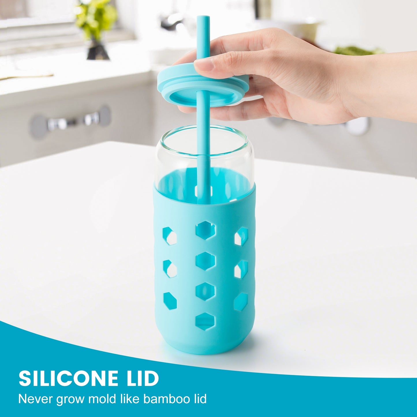 Mrsdry Glass Cups with Silicone Lids and Straws (4 Pcs), 20oz Drinking Glasses Set with Silicone Sleeves for Coffee Bar Accessories Iced Coffee Cups with Lids, Glass Tumbler Reusable for Gifts