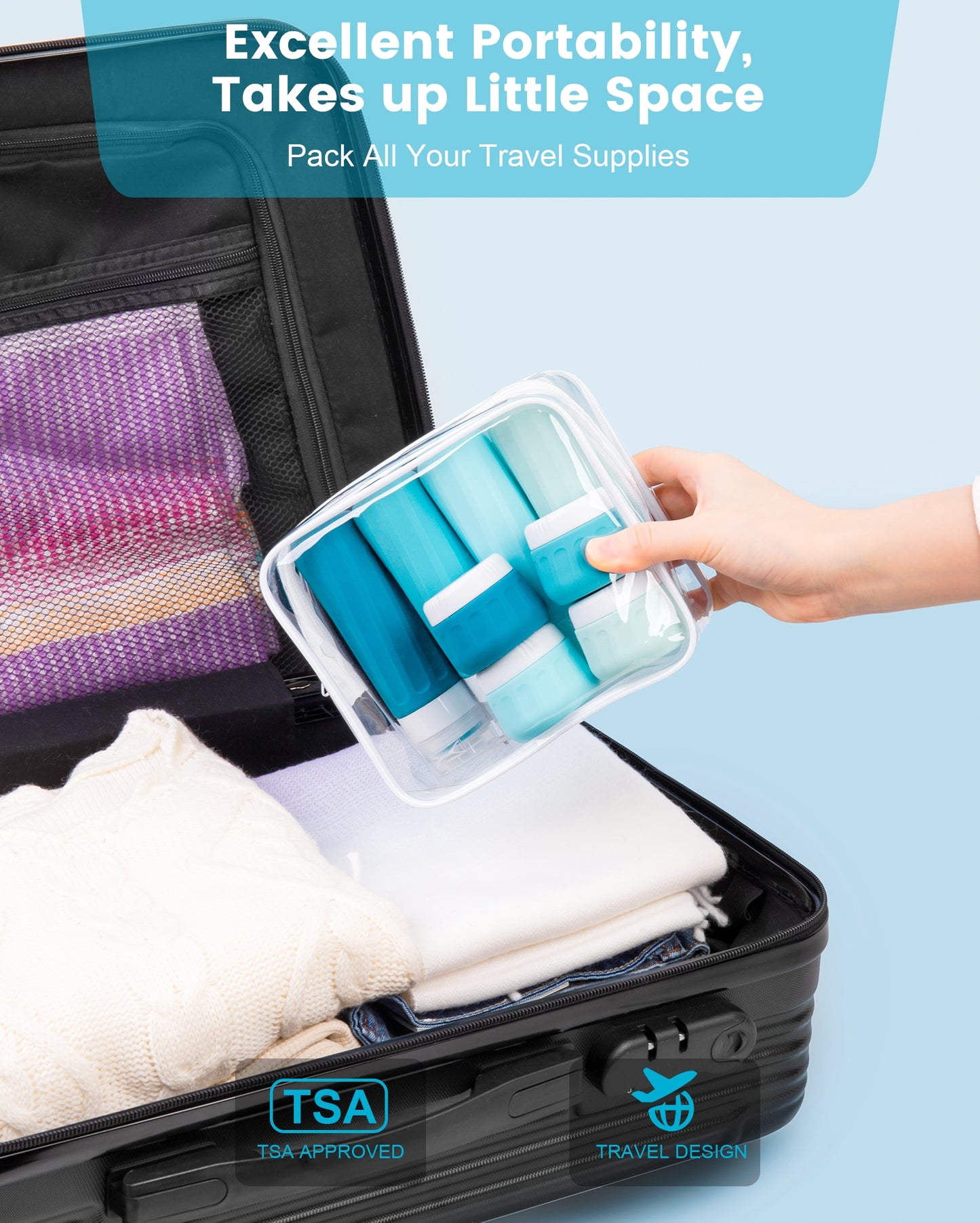 Mrsdry Travel Bottles for Toiletries 8 Pack, Travel Size Toiletries, Tsa Approved Travel Size Containers 3oz, with Travel Essentials Clear Bag, Leak Proof Silicone Squeezable Creams Jars