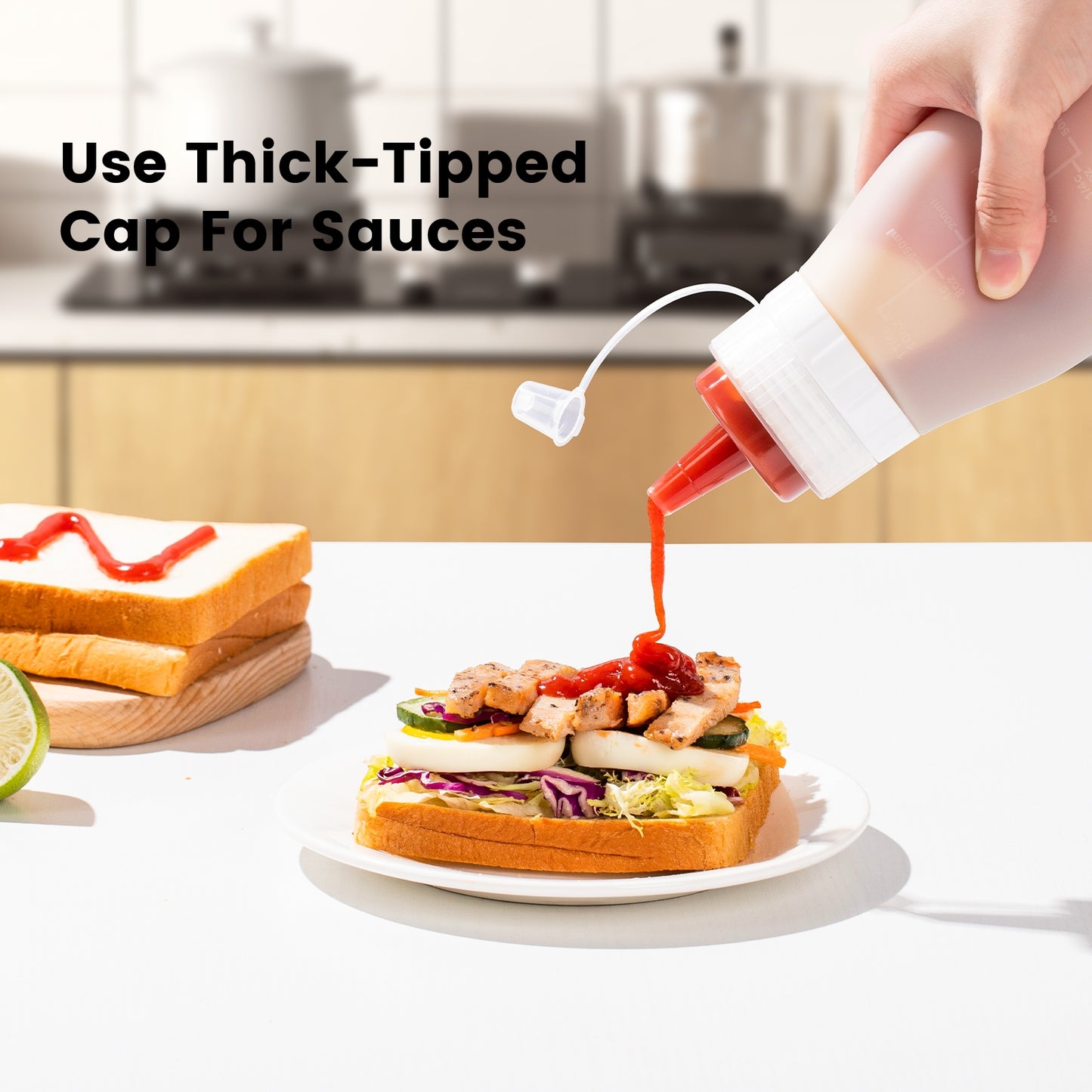 Mrsdry Condiment Squeeze Bottles, 12 oz Silicone Squeeze Bottles For Sauces, Leak Proof Condiment Container with Extra Interchangeable lid, Easy Squeeze for Oil, Honey & Dressings, BPA FREE (4 Pack)