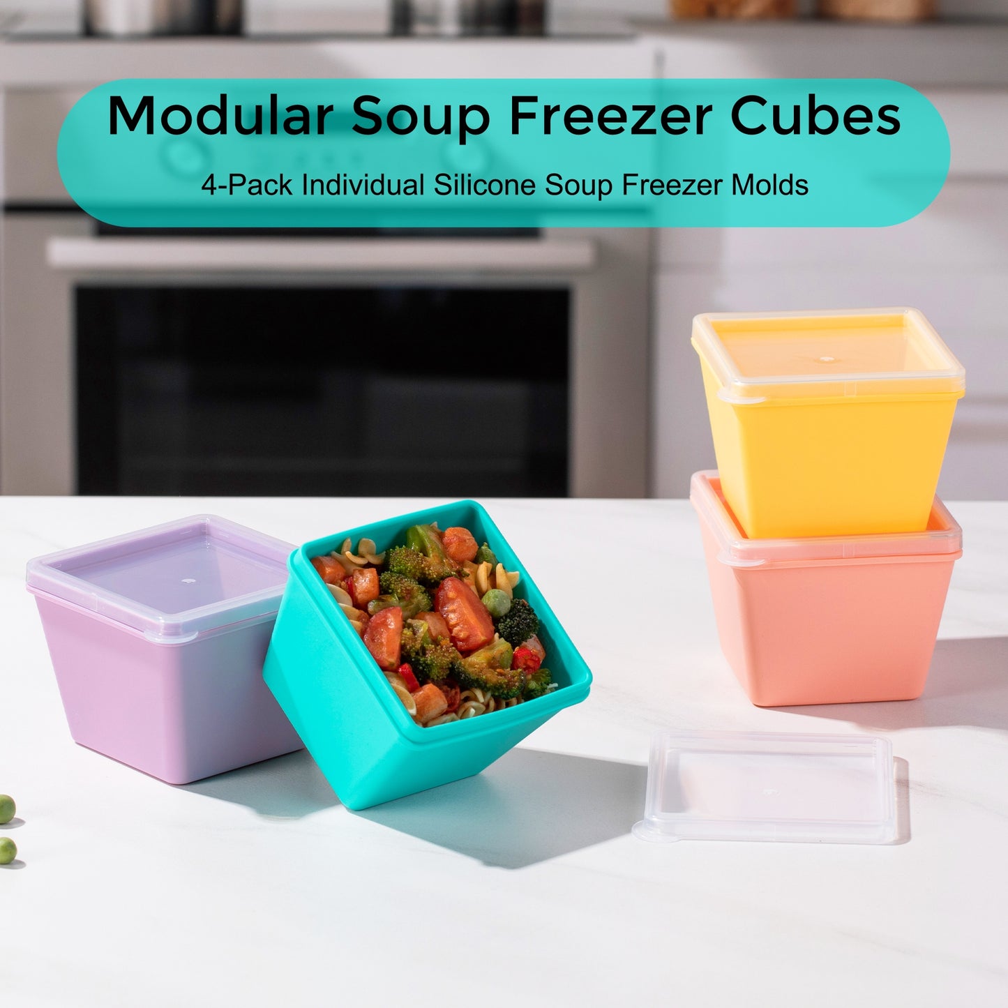 Mrsdry 1-Cup Silicone Freezer Molds with Lids, Individual 4-Pack Portion Soup Cubes Freezer Trays for Food Storage, Oven & Dishwasher Safe, BPA-Free, Silicone Freezer Containers for Meal Prep