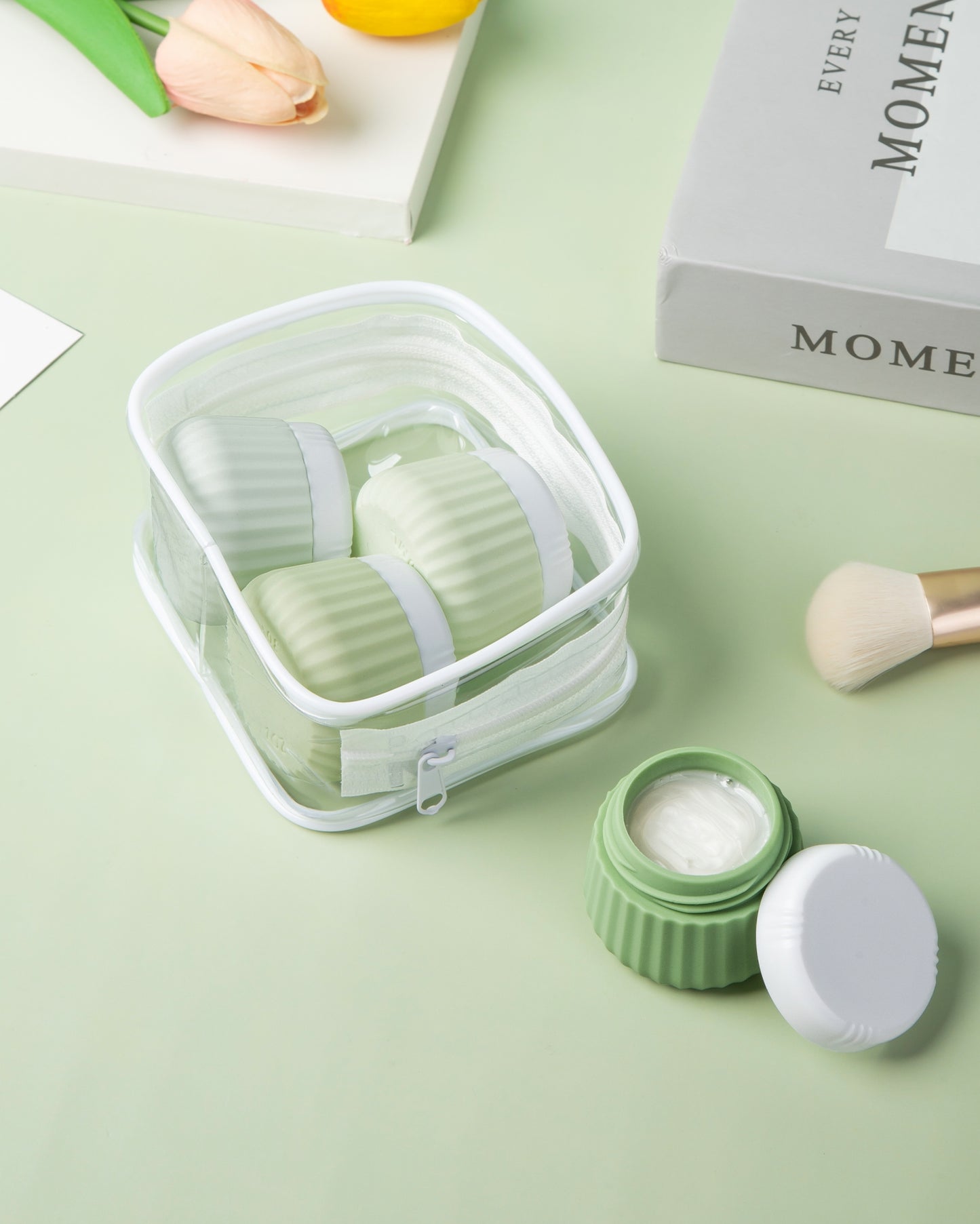 Mrsdry Travel Containers for Toiletries 4 Pack, TSA Approved Travel Size Toiletries, Travel Size Containers, With Clear Bag Leak Proof Silicone Jars, Travel Essentials Creams Jars Carrying Small Item