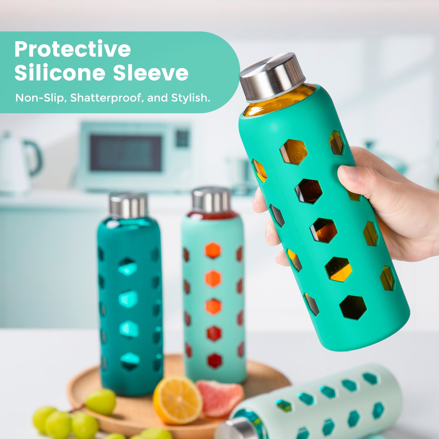 Glass Juice Bottles with Lids and Silicone Sleeves 18 oz, 4-Pack Reusable Clear Glass Water Bottles with Stainless Steel Airtight Cap for Juicing, Refrigerator, BPA Free Leak-Proof Drinking Jar