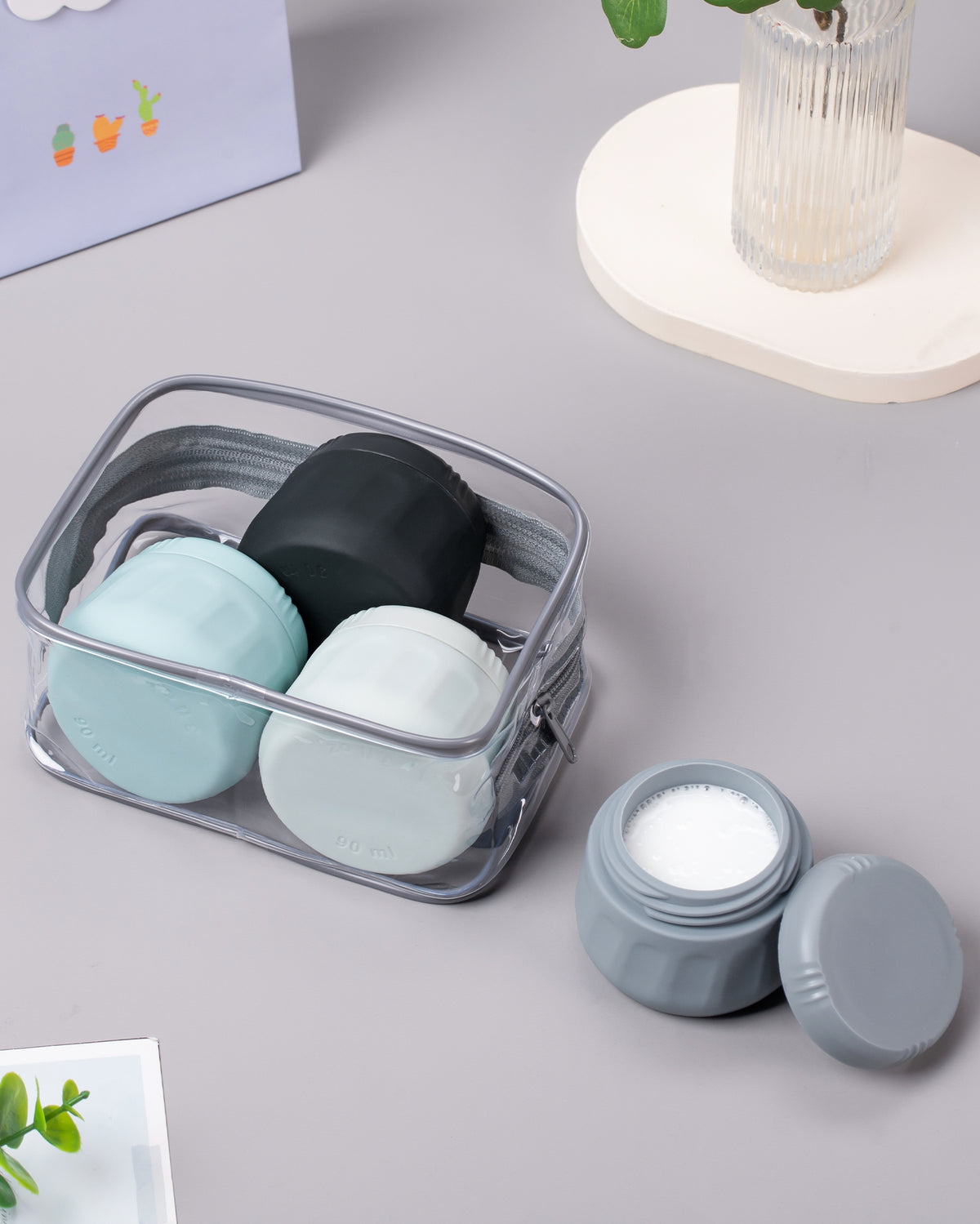 Mrsdry Travel Containers for Toiletries, TSA Approved Travel Size Toiletries 4 Pack, Refillable Containers, with Clear Bag, Leak Proof Silicone Jars, Essentials Creams Jars Carrying Small Items
