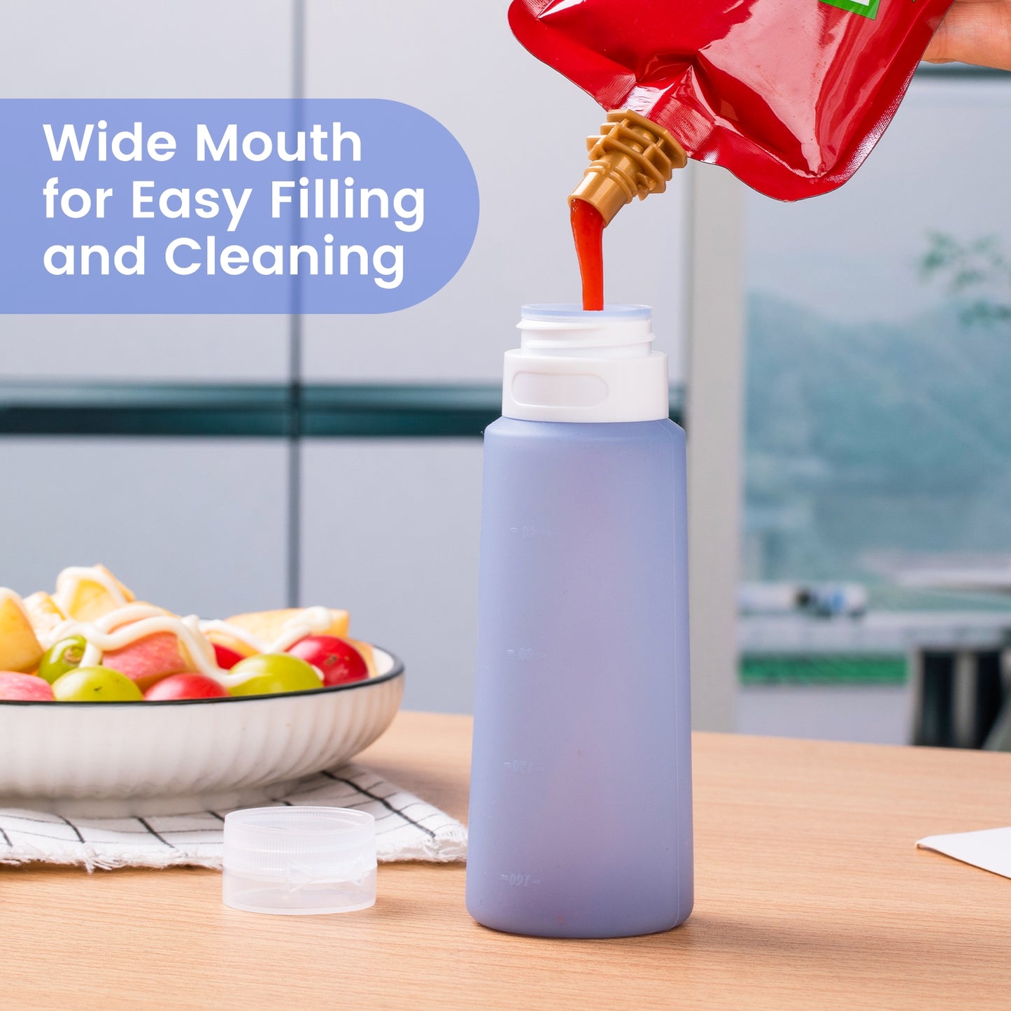 Mrsdry Condiment Squeeze Bottles for Sauces, 6-oz Small Silicone Salad Dressing Container to Go with Snack Storage Bag, Leakproof Sauce Bottles for Lunch Box, 4 Pack, Blue