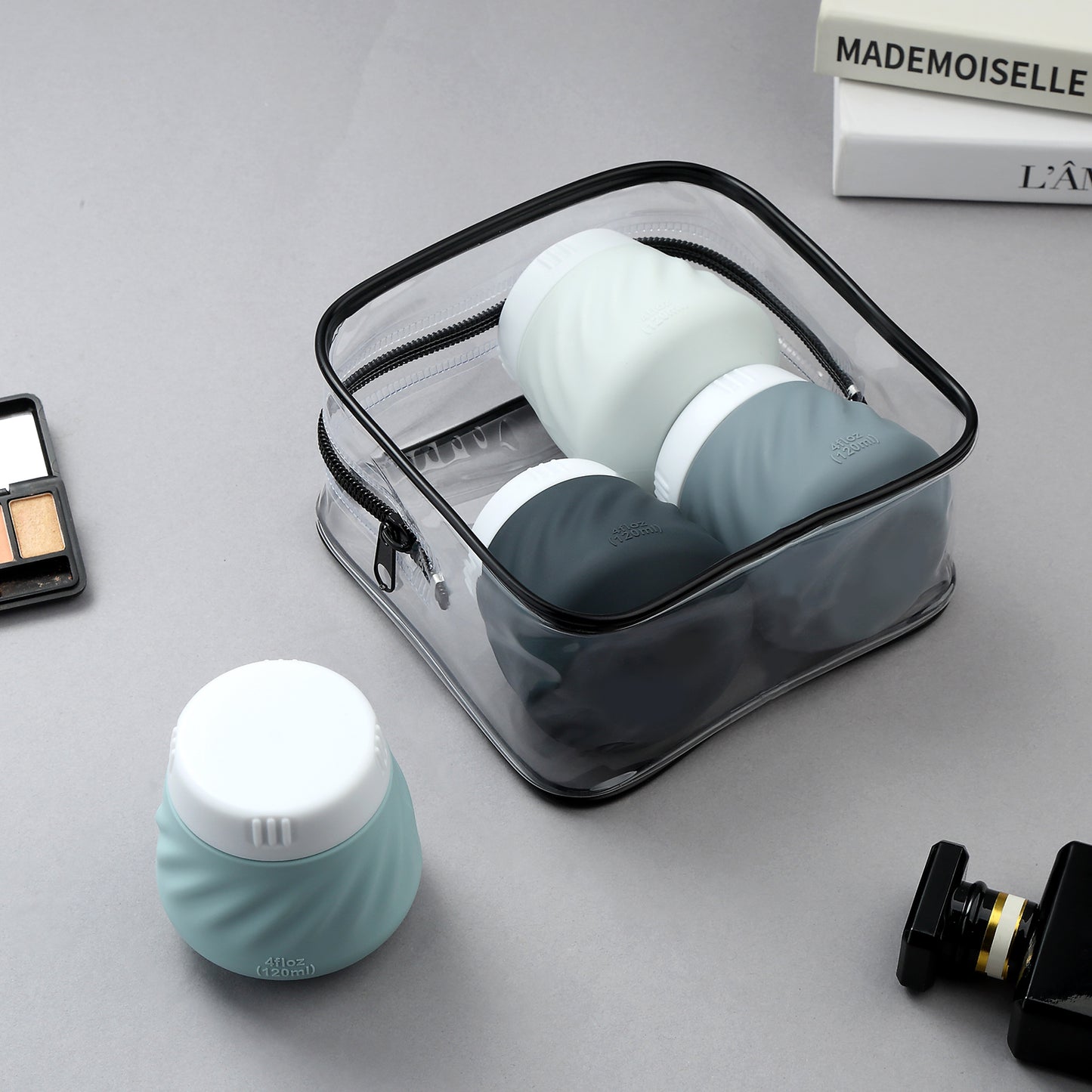 Mrsdry Travel Containers for Toiletries, Silicone Cream Jars TSA Approved Travel Size Containers with Clear Bag, Leak-proof Travel Accessories with Lid for Cosmetic Face Body Hand Cream (4 Pack)