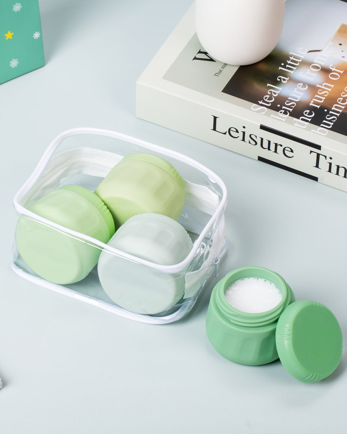 Mrsdry Travel Containers for Toiletries, TSA Approved Travel Size Toiletries 4 Pack, Refillable Containers, with Clear Bag, Leak Proof Silicone Jars, Essentials Creams Jars Carrying Small Items