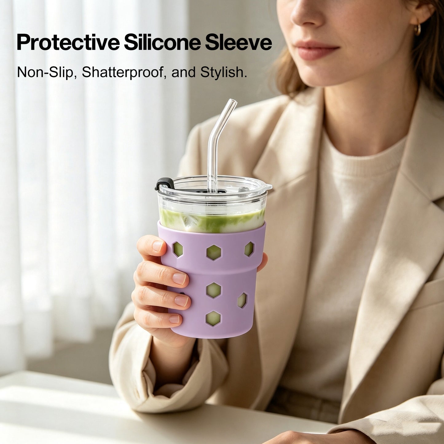Mrsdry 12oz Iced Coffee Cup with Lids and Silicone Sleeves, Reusable Glass Tumbler with Straw, Leakproof Travel Glass Cups Fits Car Cup Holder for Cold and Hot Drinks