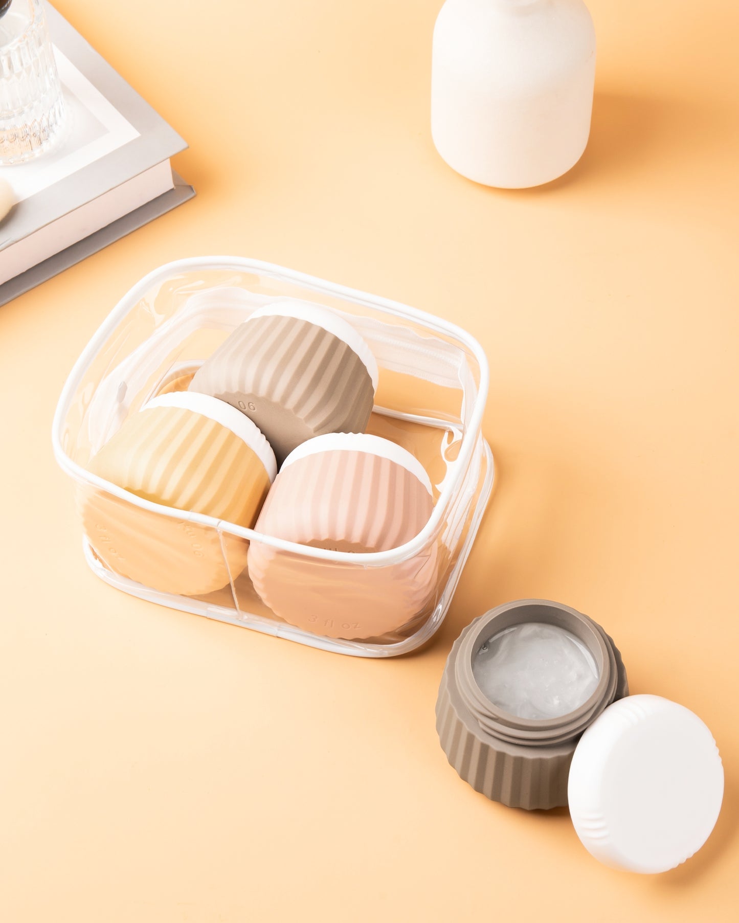 Mrsdry Travel Containers for Toiletries 4 Pack, TSA Approved Travel Size Toiletries, Travel Size Containers, With Clear Bag Leak Proof Silicone Jars, Travel Essentials Creams Jars Carrying Small Item