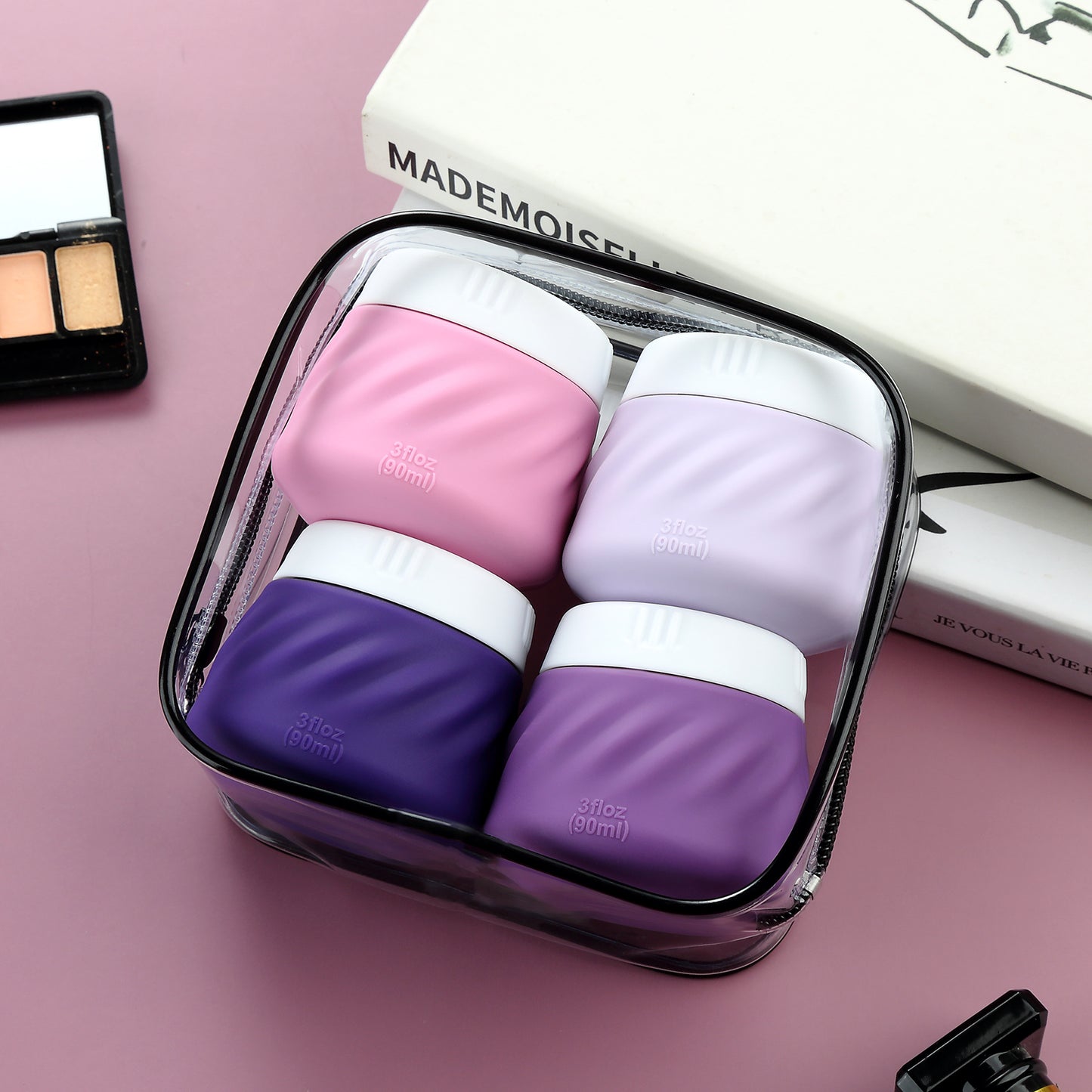 Mrsdry Travel Containers for Toiletries, Silicone Cream Jars TSA Approved Travel Size Containers with Clear Bag, Leak-proof Travel Accessories with Lid for Cosmetic Face Body Hand Cream (4 Pack)